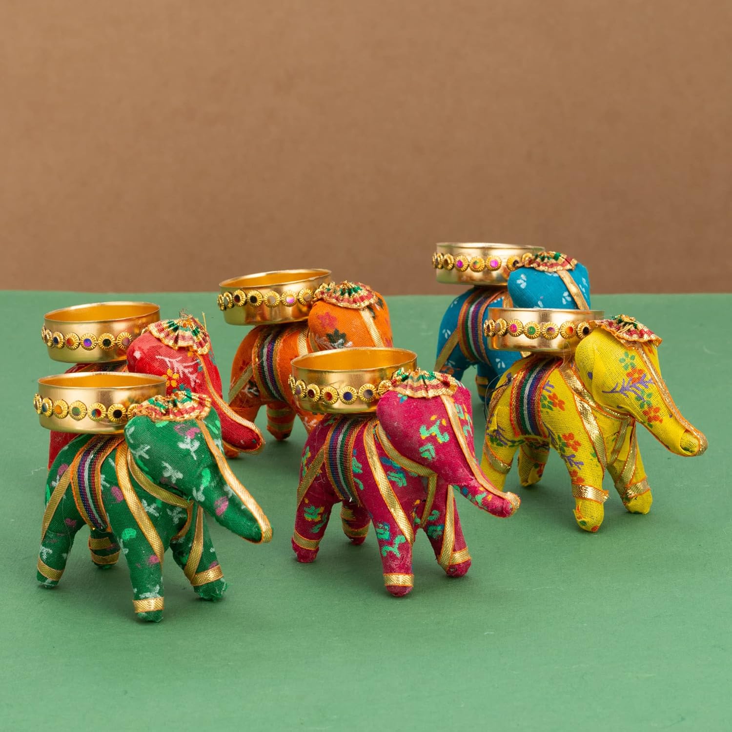 JH Gallery Handcrafted Recycled Material Elephant Tealight Candle Holder Home Decoration Item for Diwali Decor (Multicolor, 8 X 5 X 10 Cm) – Pack of 6