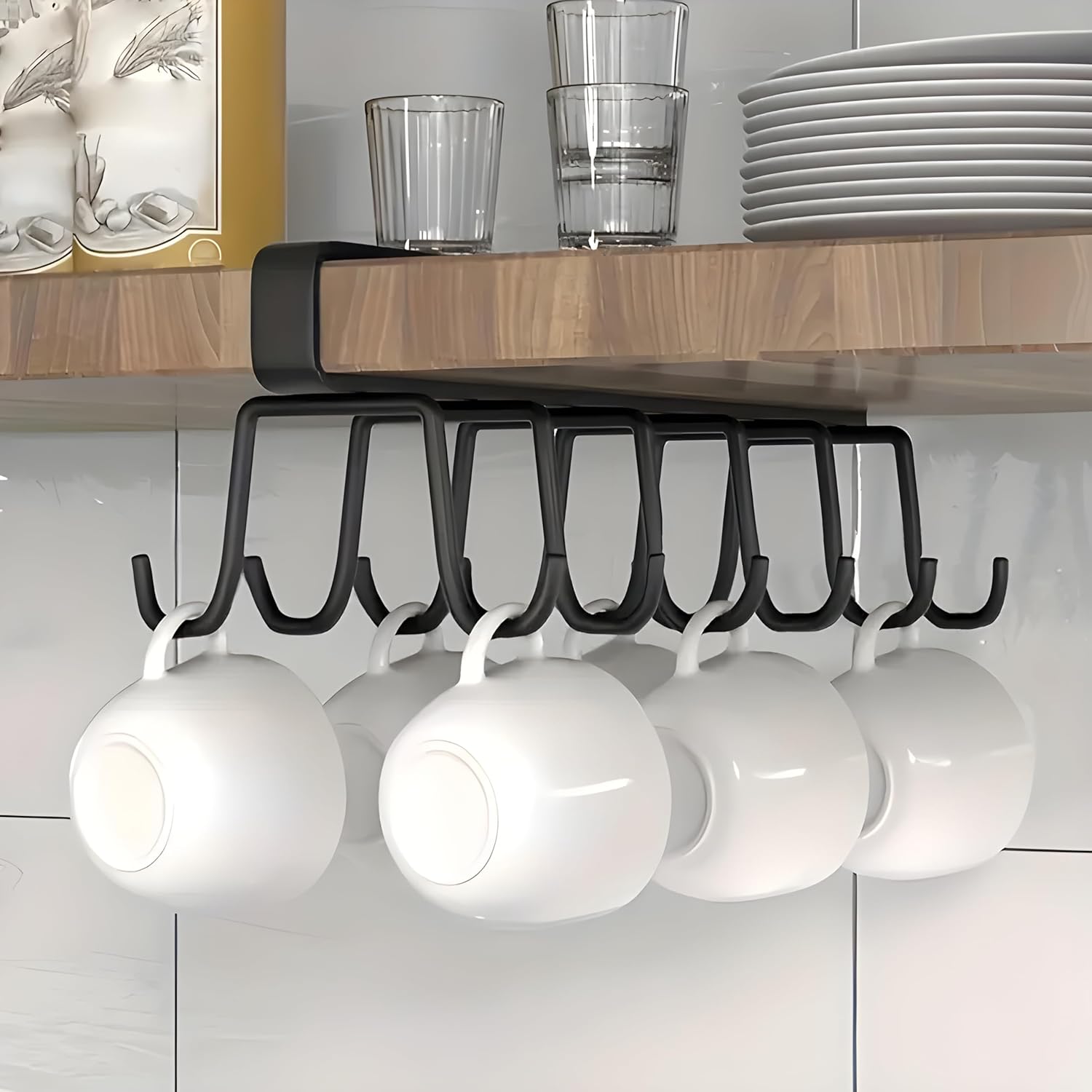 JIALTO Double-Row 12 Hooks for Kitchen Storage Rack Cupboard Hanging Coffee and Tea Cup/Organizer/Metal Hook/Cabinet/Cooker/Towel Holder/Use Inside Kitchen/Bathroom/Home and Office (1 Black)