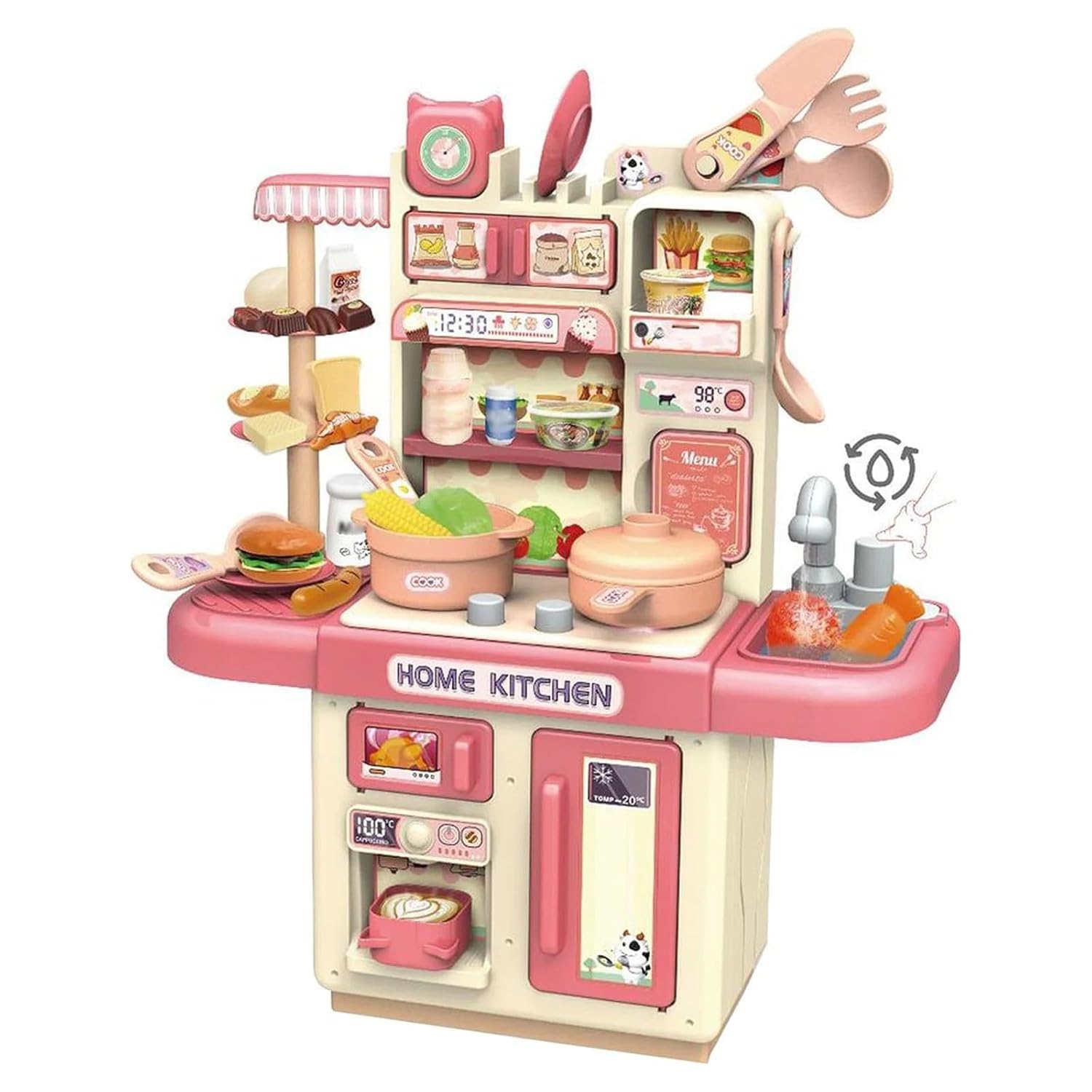 Jack Royal Playing Home Kitchen Set with Gas Sound & Light, Running Water,Cooking Stove with Steam,Includes Mini Utensils, Interactive Cooking Pretend Play Set for Kids Girls & Boys (Pink)