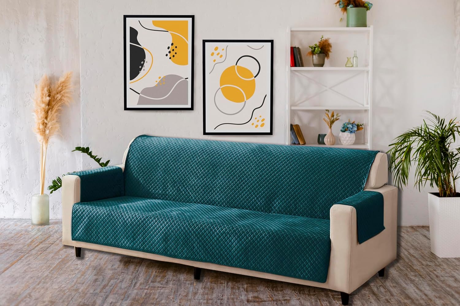 KINGLY Velvet Quilted Universal Elastic Sofa Cover Non-Slip Sofa Protector 3 Seater Armchair Cover with Machine Washable Adjustable Elastic Straps (3 Seater) (Green Blue)