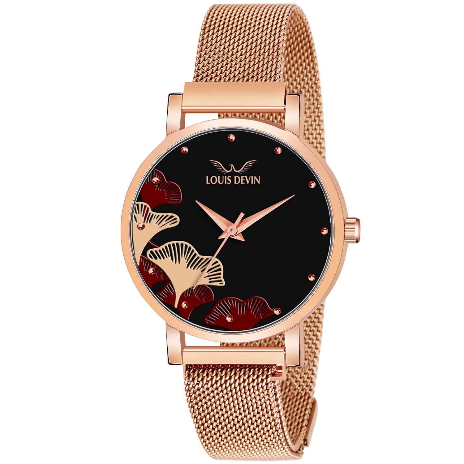 LOUIS DEVIN Rose Gold Plated Mesh Chain Analog Wrist Watch for Women (Black/Blue/Rose Gold Dial) | RG162
