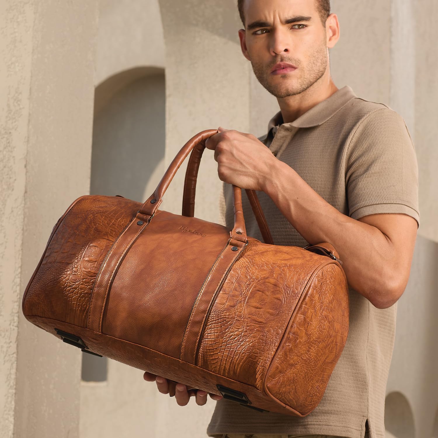 Lifelong Leatherette Stylish & Spacious Weekender Duffle Bag | Stylish Travel Bag for Men & Women | Spacious Overnight Bag with Zip Pocket | Padded Handles | Carry-On Friendly (Tan)