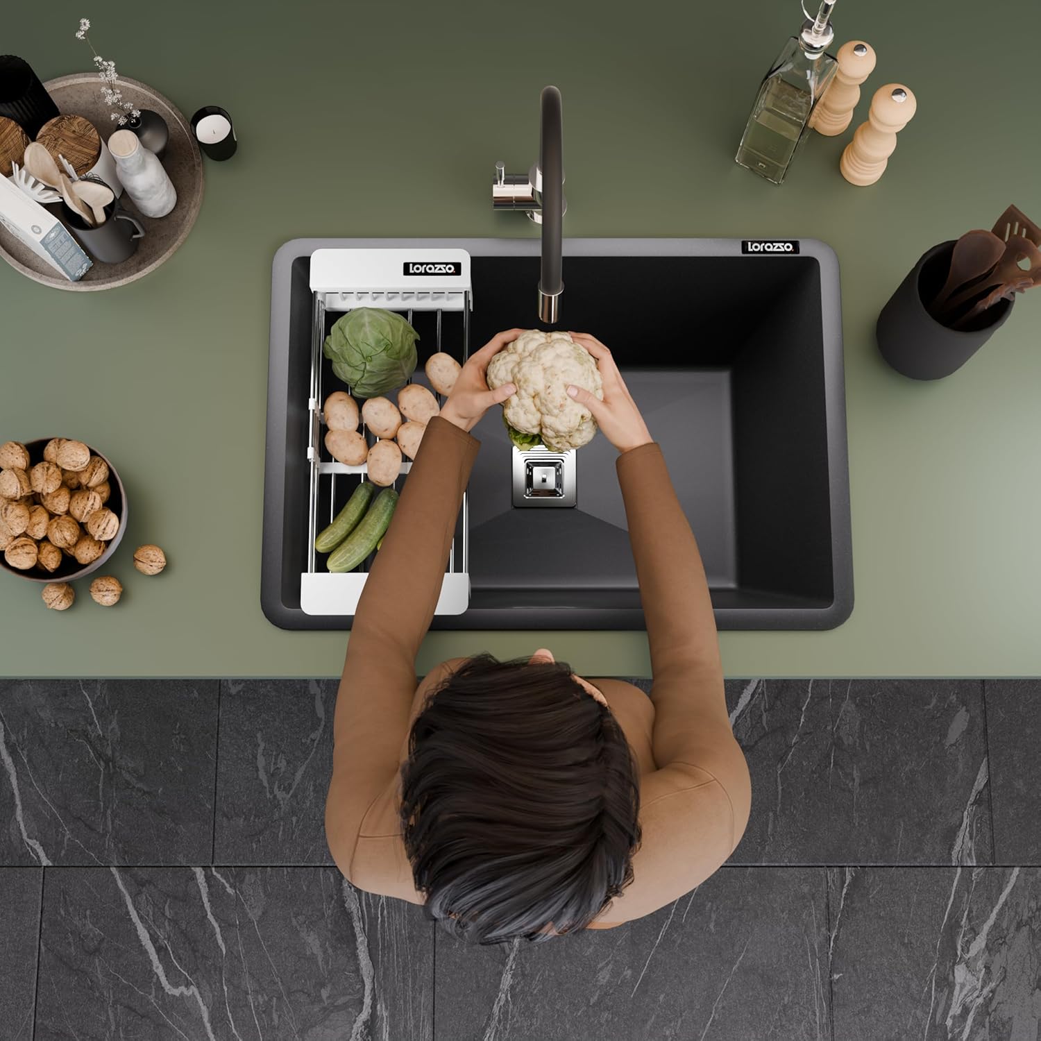 Lorazzo Quartz Kitchen Sink (MIDNIGHT BLACK)- Single Bowl | Quartz Sink for Kitchen 24X18 | with SS 304 Coupling, Rack & Waste Pipe | 10-Years Lorazzo Limited Warranty