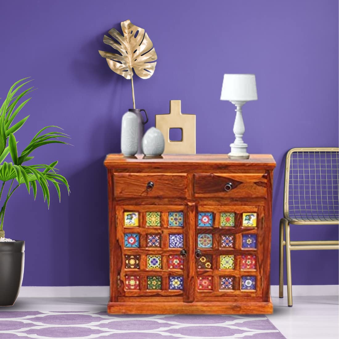 MoonWooden A Beautiful Blue Pottery Pattern Ceramic Tilic 2 Drawer & 2 Door with Two Shelves in Each Box Sideboard Cabinet in Natural Honey Oak| Office Furniture with Glossy Finished