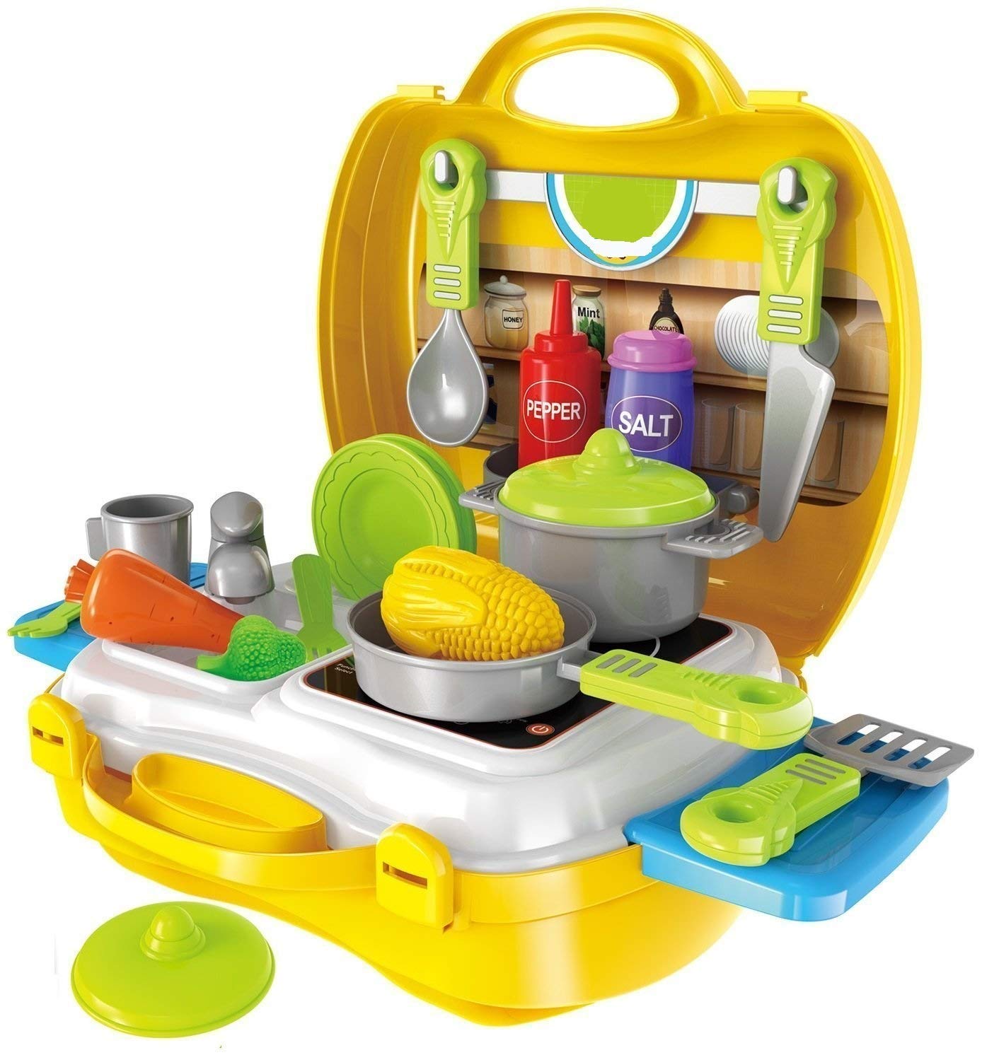 Niku Kitchen Set for Kids Girls | Plastic Suitcase | 26 Pieces | Pretend and Play | Best Birthday and Return Gift | Non Toxic | Yellow Colour