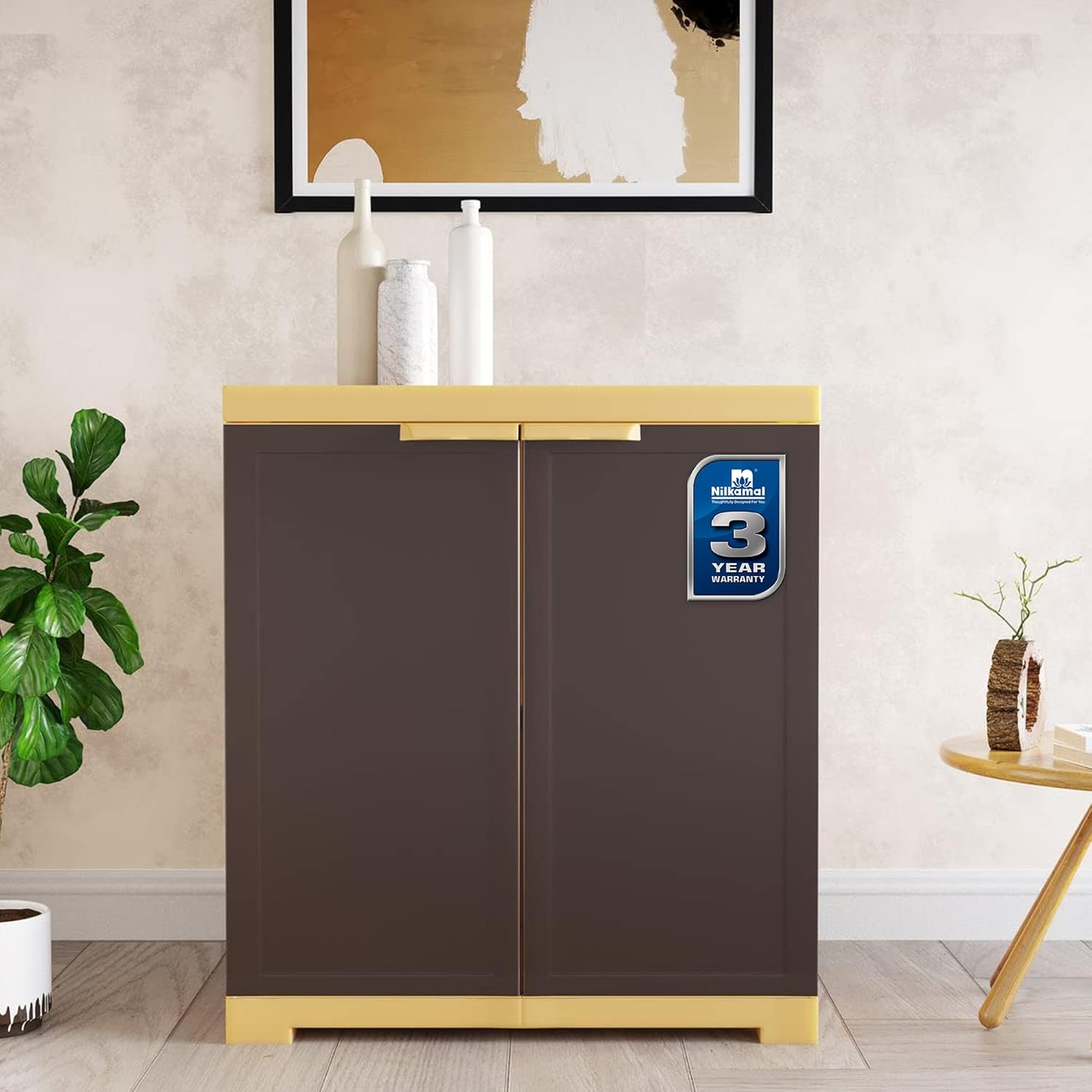 Nilkamal Freedom Mini FMS Plastic Cabinet 3-Year Warranty | Storage Cupboard | Clothes Organizer Rack, 2 Door Small Cabinet | Almirah with Shelves | for Home and Kitchen | Weathered Brown and Biscuit