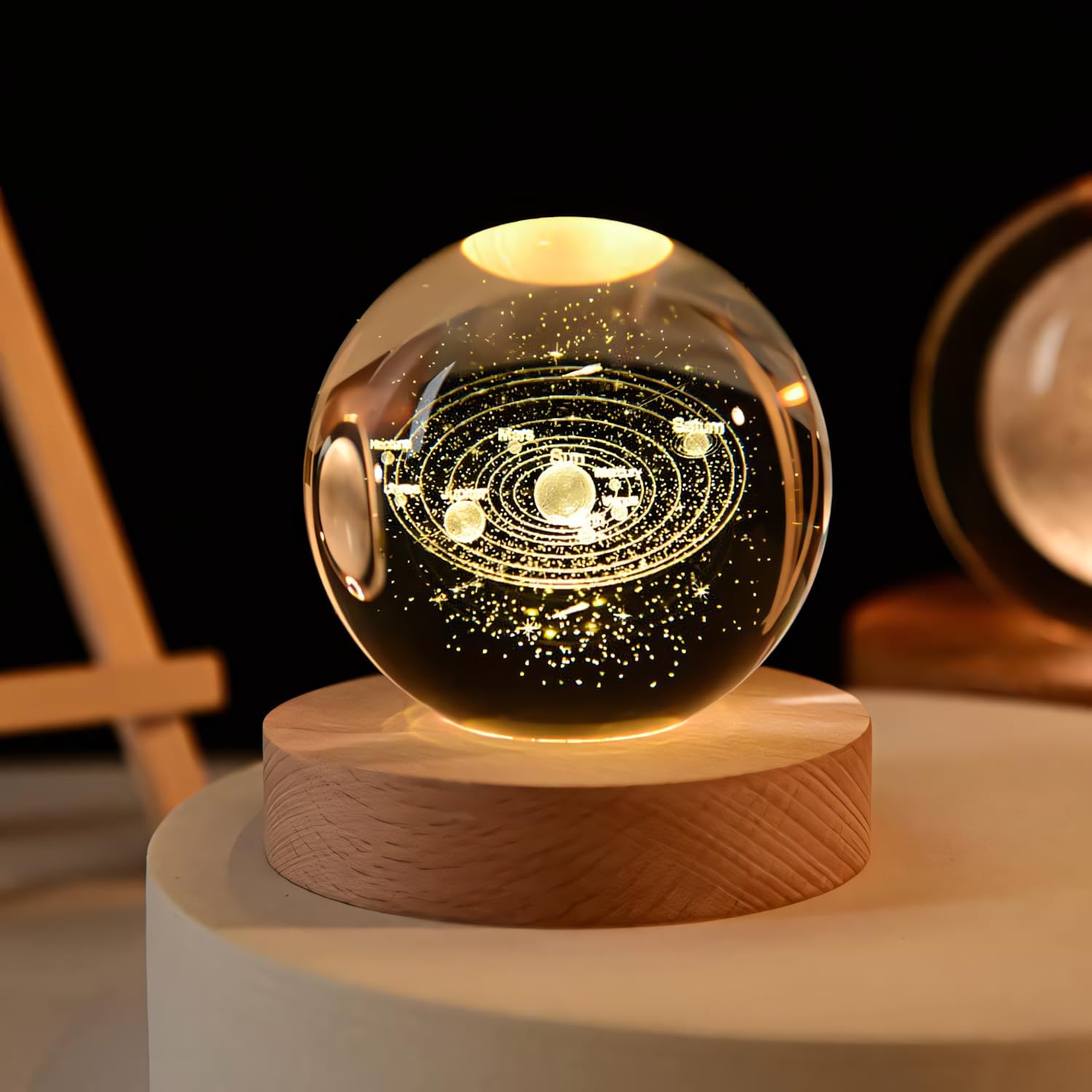 One94Store 3D Galaxy Crystal Ball LED Night Lamp, Creative Engraved Night Light Wooden Base, Warm White Decorative Table Lamp for Home, Office, Bedroom, Birthday Gift (Galaxy)
