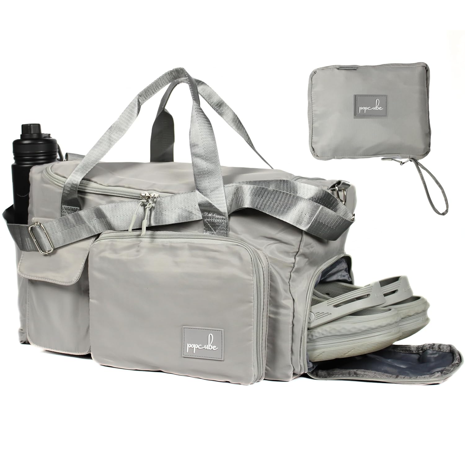 POPCUBE Premium 45 cms Duffle Bag for Travel Sports Gym Shoulder Bag for Women with Wet Pocket & Shoe Compartment Weekender Overnight Travel Luggage Bag (Style 2, Grey)