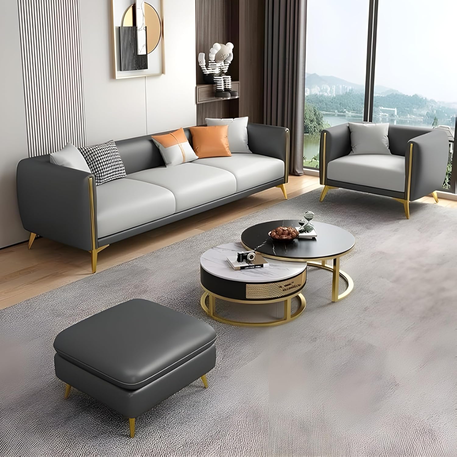 PREMIUM CART Velvet Contemperory Sofa with Cushion Chaise Lounge Sectional Sofa Perfect for Living Room & Bedroom Guests Home & Office (Leather Grey+ Velvet Light Grey, 3+1+1)