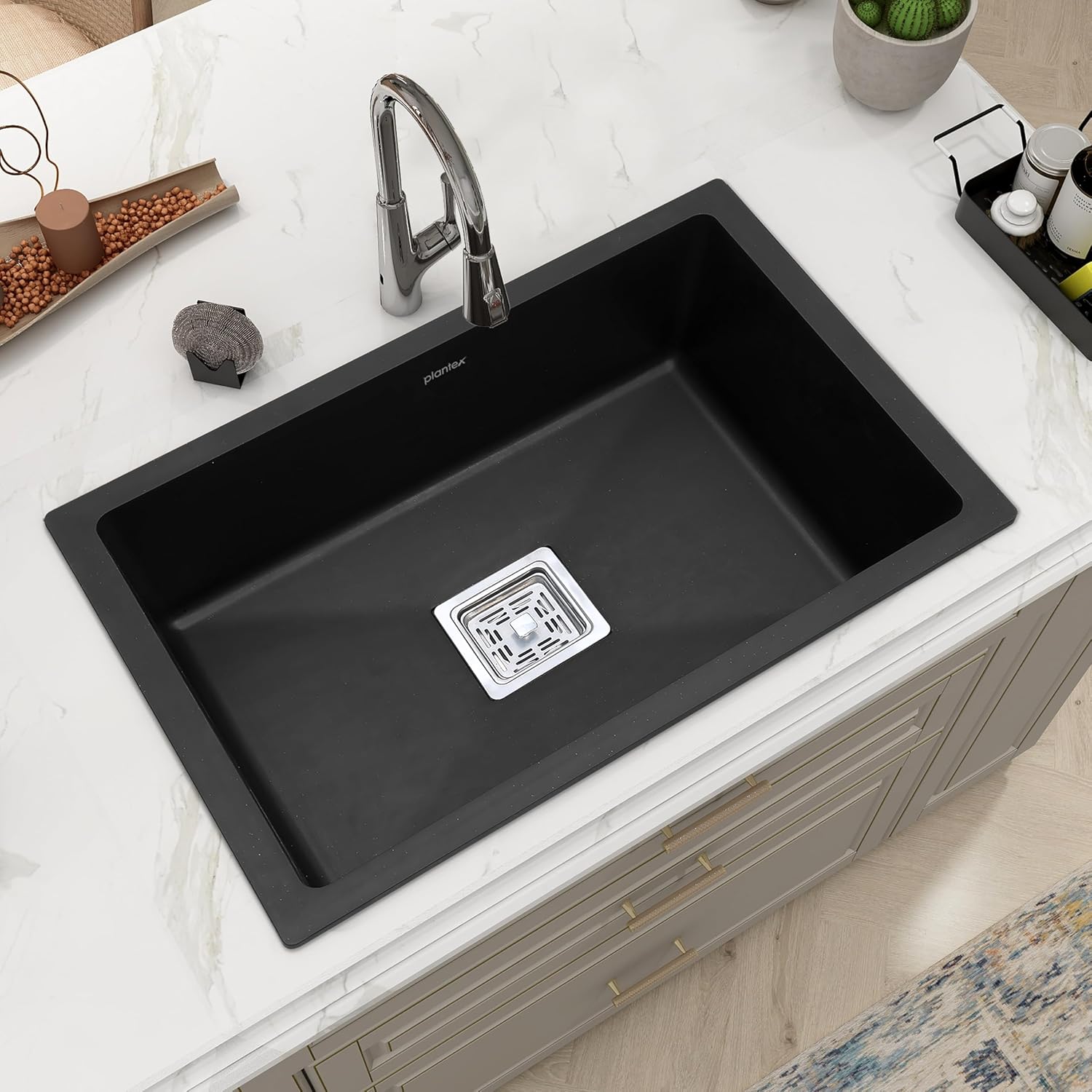 Plantex Quartz Sink for Kitchen/UV Protected Black Kitchen Sink/Granite Single Bowl Sinks/Undermount/Topmount (Black-24×18 Inches)