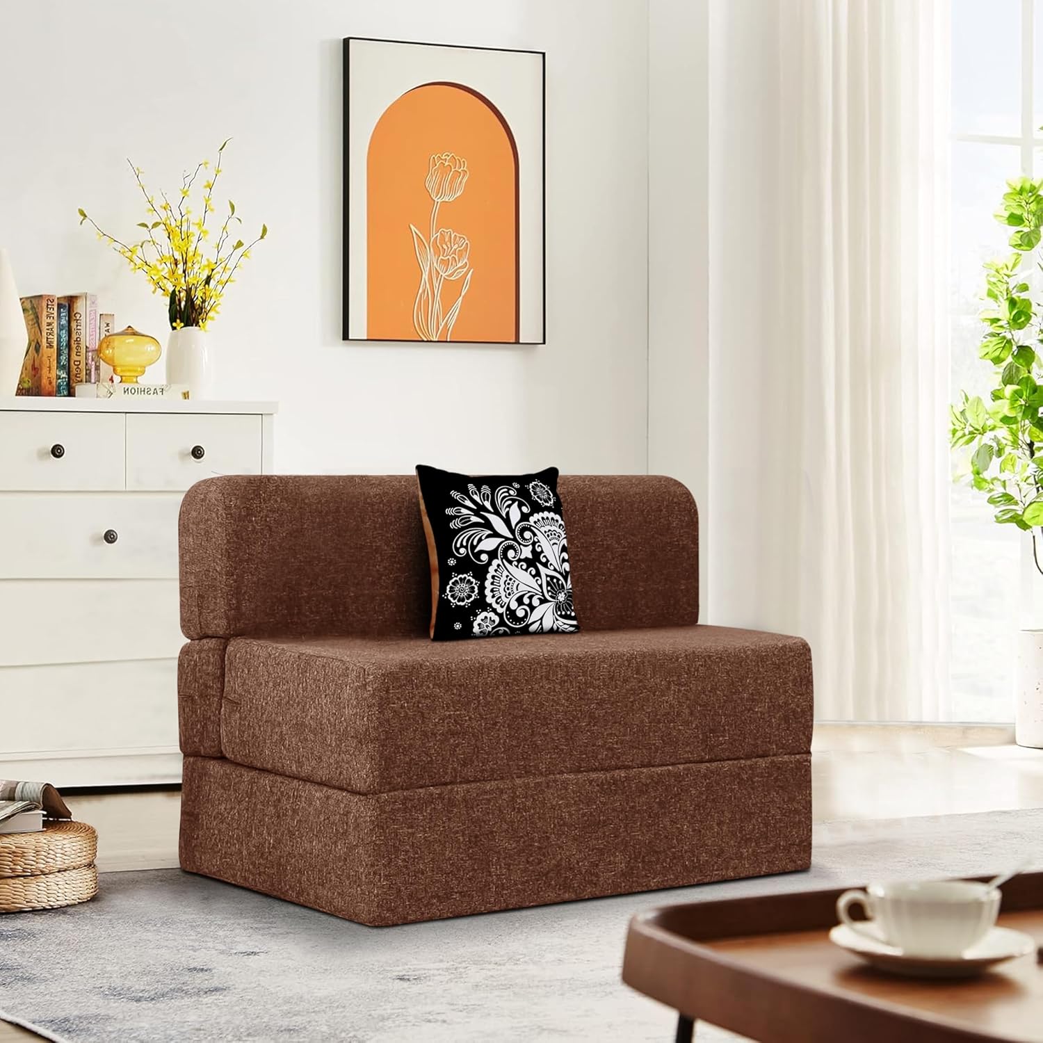 Rosebell 1 Seater Sofa Cum Bed | Jute Fabric Washable Cover | with Cushions Perfect for Guest | Brown | 3′ X 6′ Feet