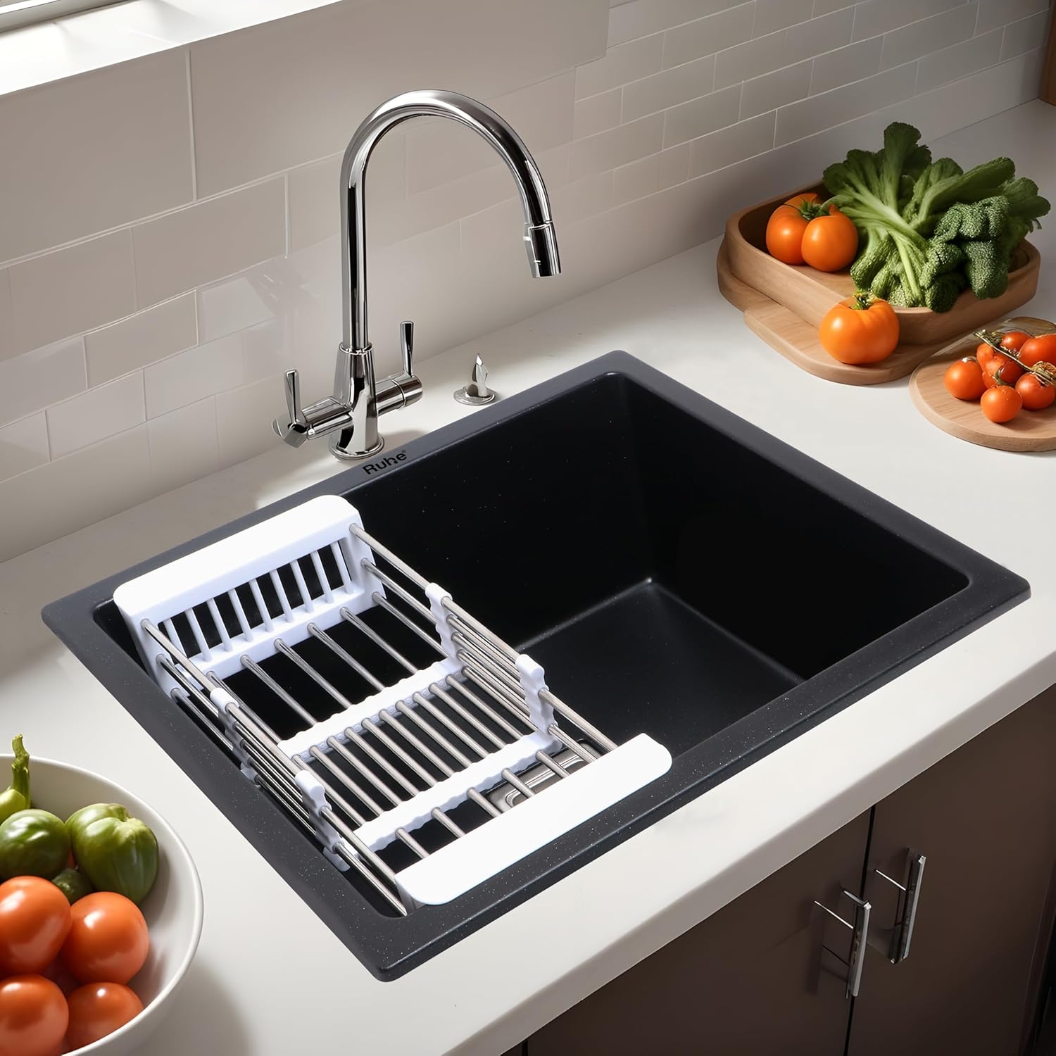 Ruhe® Matte Black Quartz Single Bowl Kitchen Sink – 24x18x9 inches | Noise-Reducing, Durable & Scratch-Resistant Kitchen Sink | Granite Sink with Sink Coupling, Waste Pipe & Vegetable Washing Basket