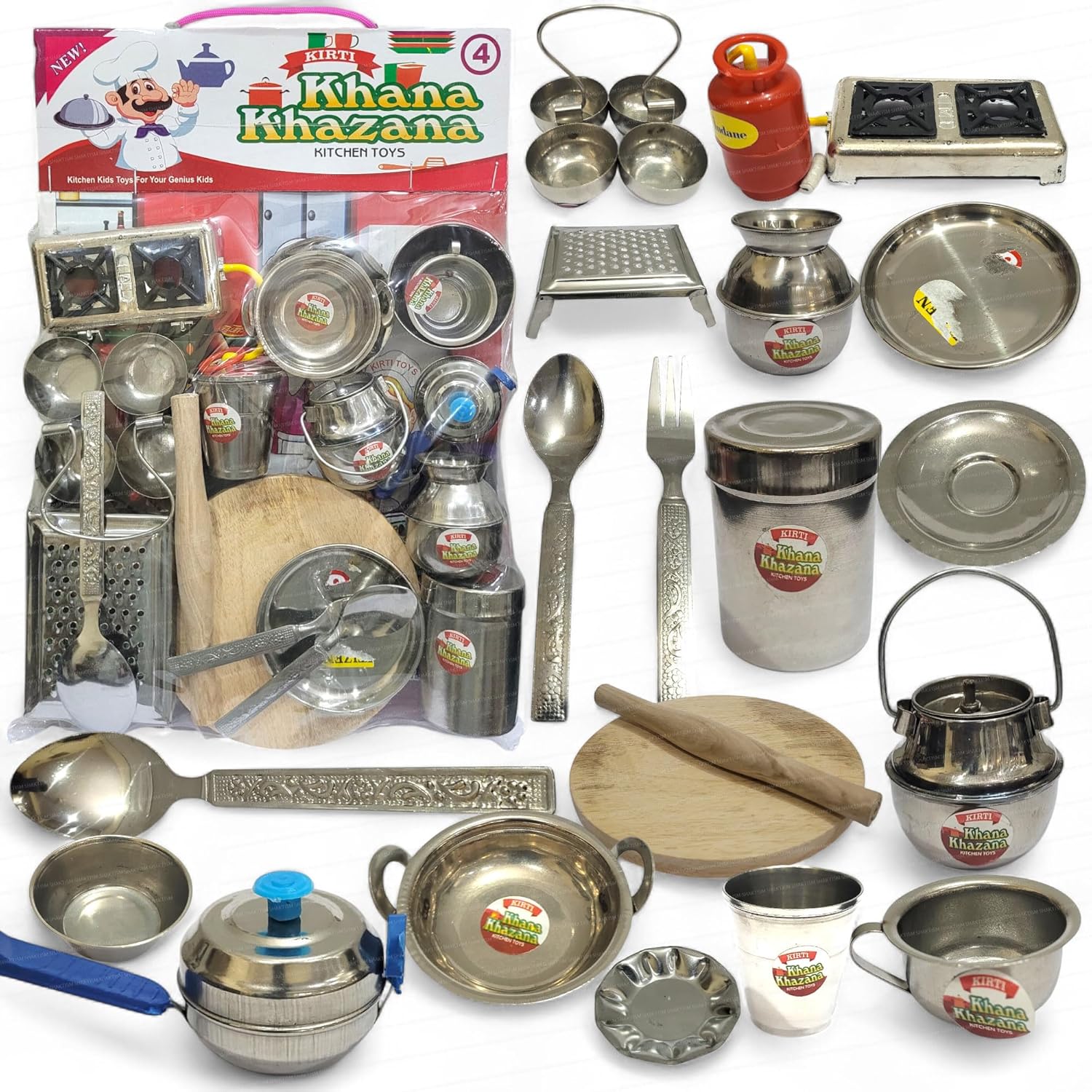 SHAKTISM Steel Kitchen Set Toys for Kids, Role Playing Kitchen Set of Stainless Steel with Wooden Chakla Belan Set, Master Chef Role Playing Kitchen Set Master Chef for Kids (Kitchen Set No-04)