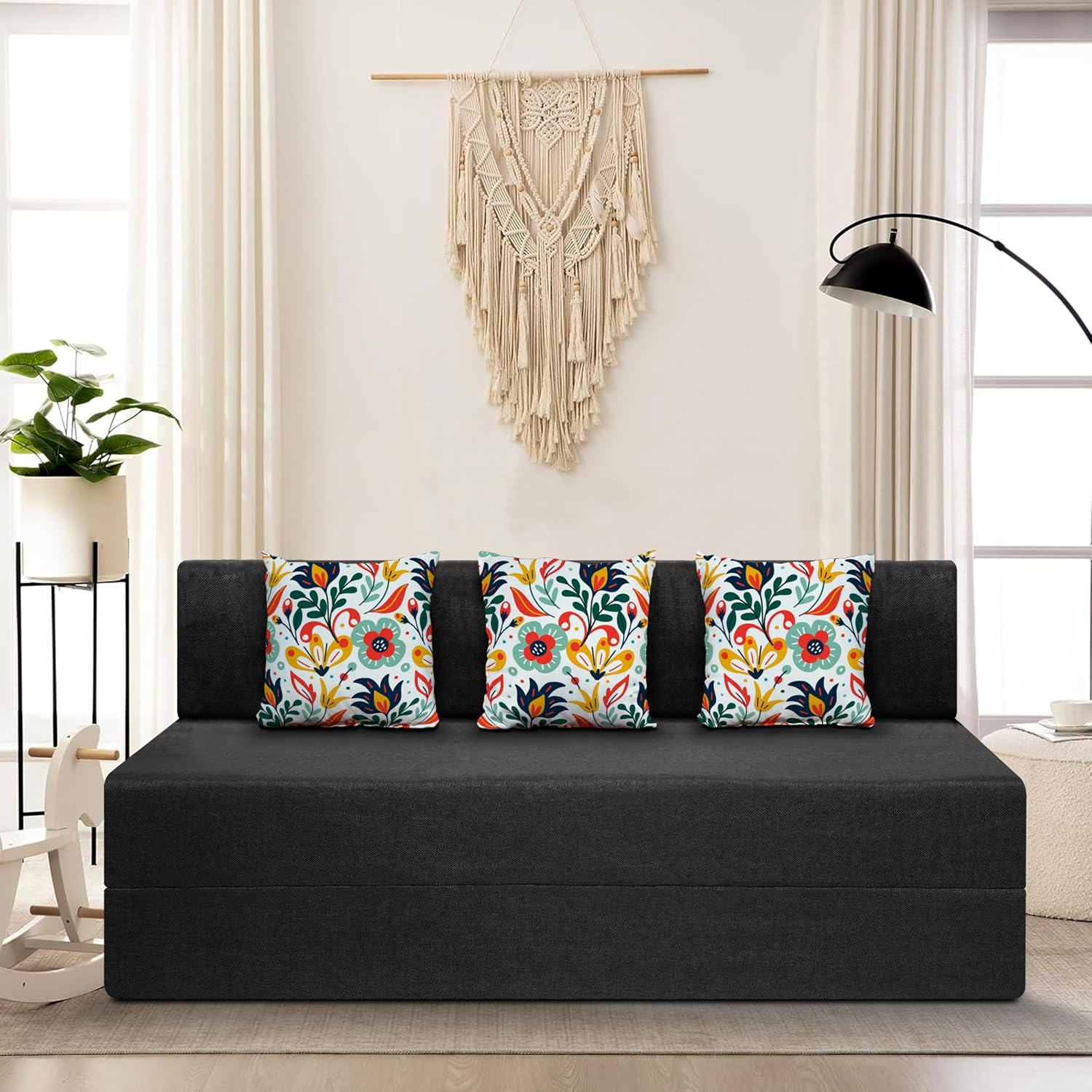 SOFA SANCTUARY 3-Person Sofa Cum Bed Jute Fabric- Washable Cover- Including 3 Cushion – 5′ X 6′ Ft (Black Color) Perfect for Home & Office for Guests