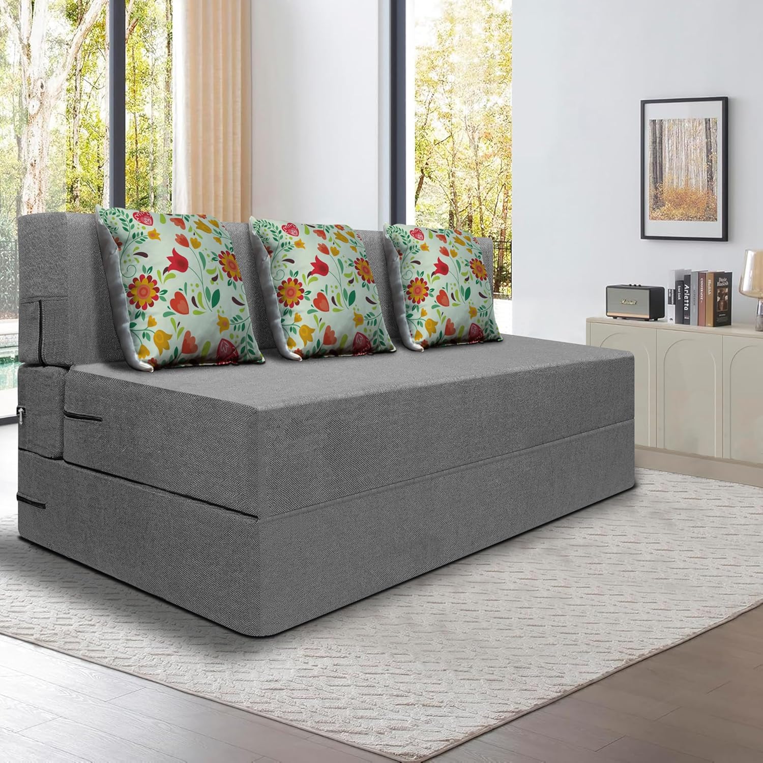 SOFA SANCTUARY Three Seater Sofa Cum Bed | Jute Fabric Washable Cover | 3 Cushions | Grey Color | 5′ X 6′ Feet