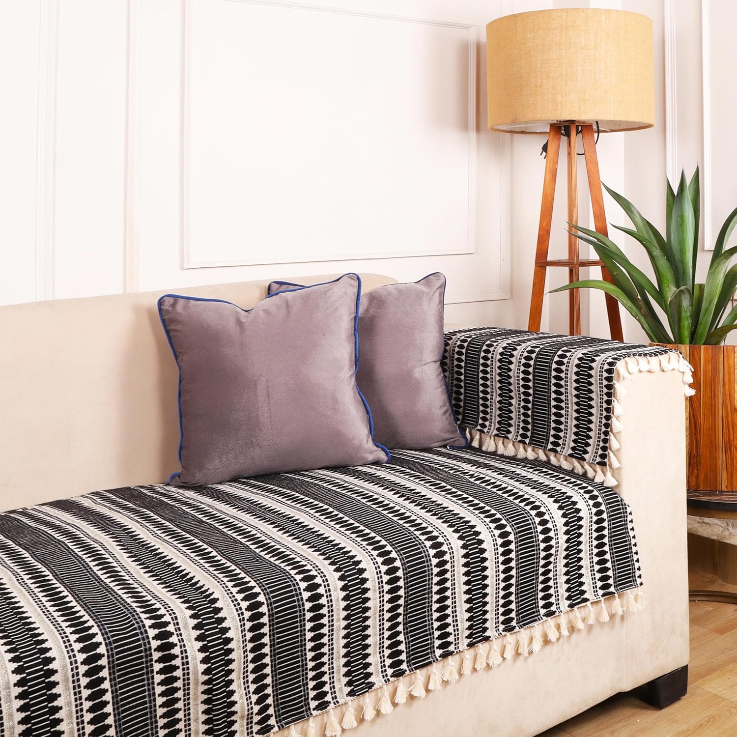 STITCHNEST Woven Sofa Cover for 3 Seater (70 x 30 Inches) – Multicolor Cotton Fabric with Tassels | Ethnic Striped Design | Washable Sofa Cover for Living Room Décor