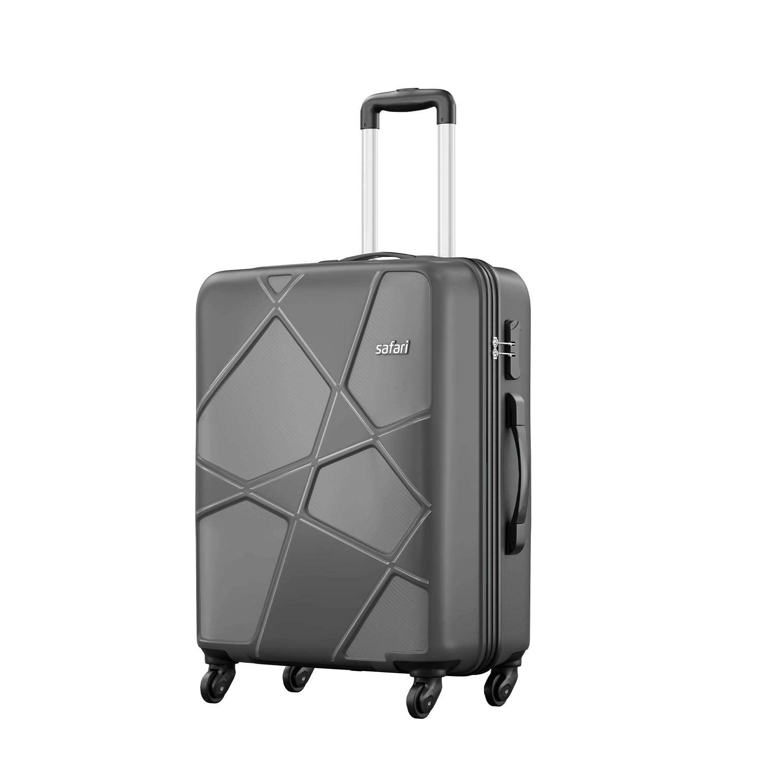Safari Polypropylene (Pp) Pentagon Hardside Medium Size Check-in Luggage Suitcase Spinner Trolley Bags for Travel Dark Grey Color 66Cm