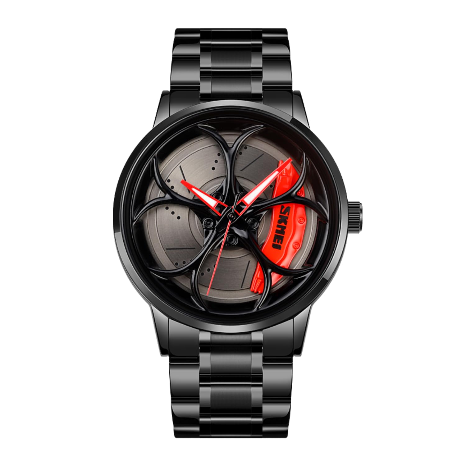 Skmei New Car Wheel Watch with Rolling Creative Fashion Analog Watch, Black Dial Zink Alloy Case Men’s Watch, Stainless Steel Black Color Band, Quartz Movement, Water & Scratch-Resistant-1990