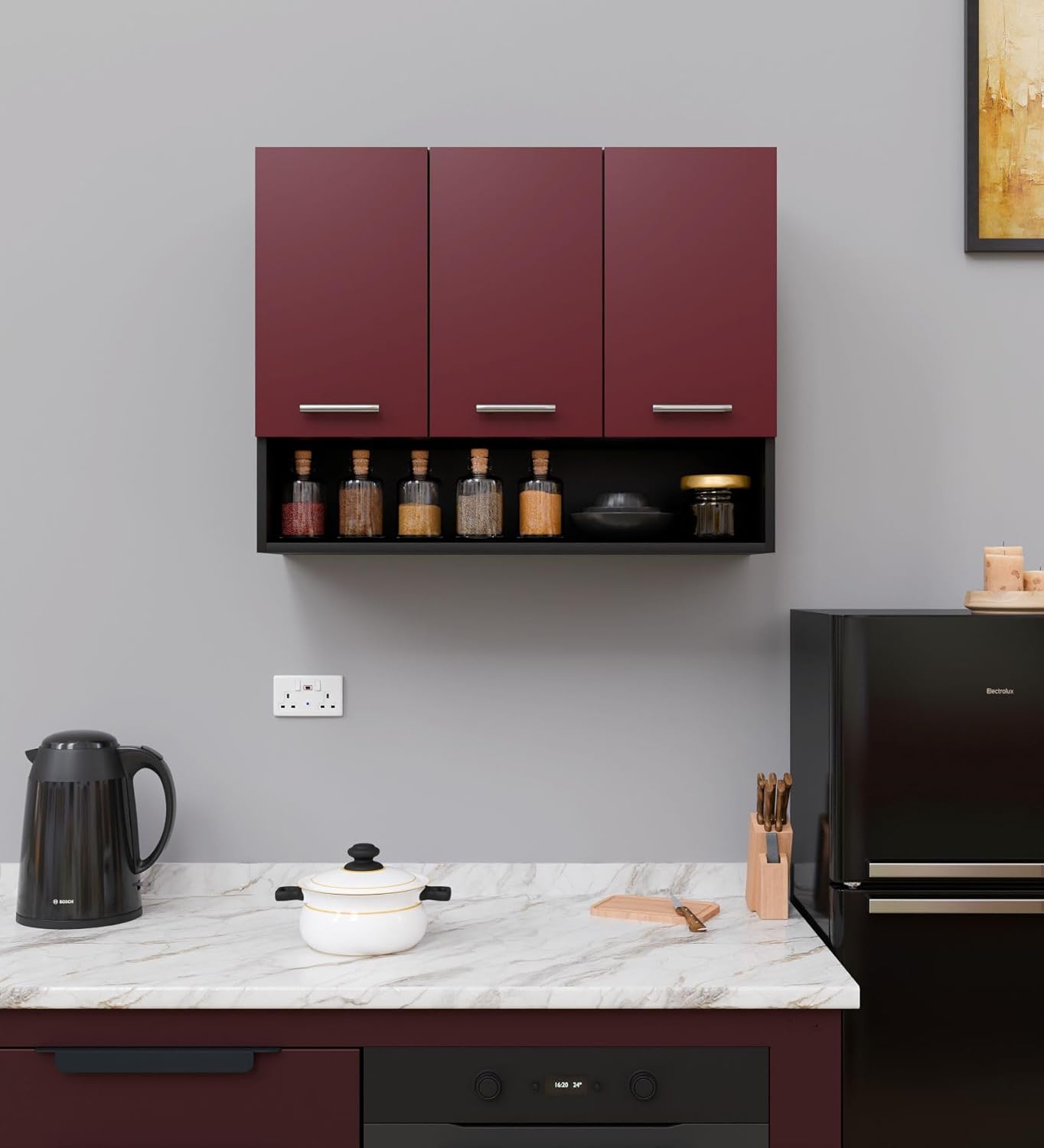 Spyder Home Decore Engineered Wood Wall Mounted 3 Door Matte Finish Blitz Multipurpose Cabinet for Kitchen, Office|Cabinet for Kitchen |Living Room| Color- Black and Burgundy| Assembly(Do-It-Yourself)