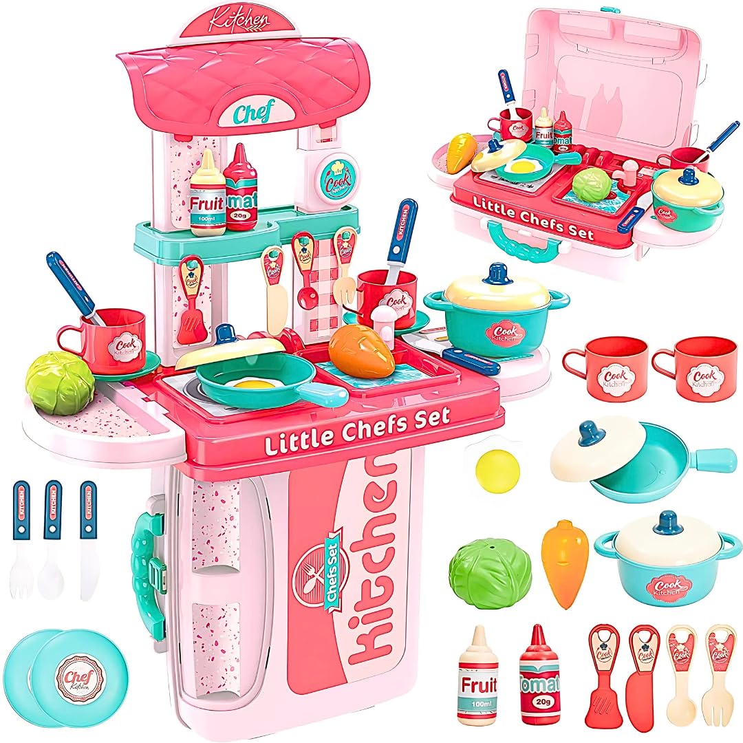 Storio Kitchen Set Toys for Girls with Cooking Utensils, Little Chef Realistic Miniature Pretend Role Play Food Party for Boys Girls, Pink, for Toddler,Kid