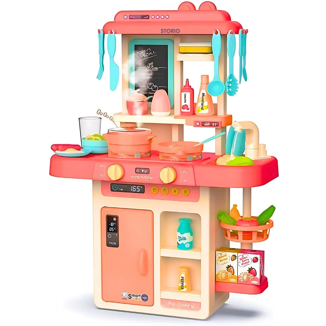 Storio Toys Kitchen Set for Kids Girls Big Cooking Set Light and Sound Pretend Play Toy Battery Operated with Accessories,Pink