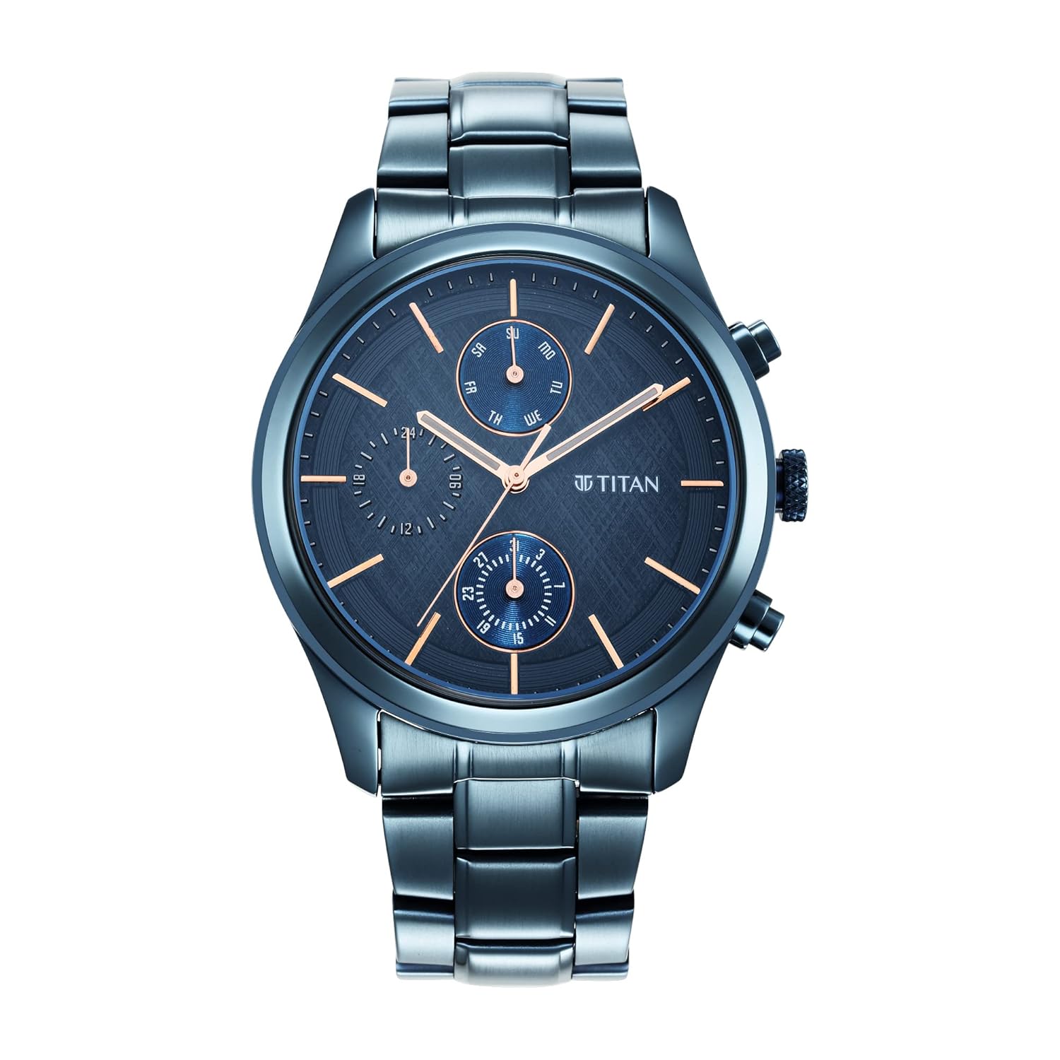 Titan Neo Splash Quartz Multifunction Midnight Blue Dial Metallic Blue Stainless Steel Strap Watch for Men – NT1805QM01