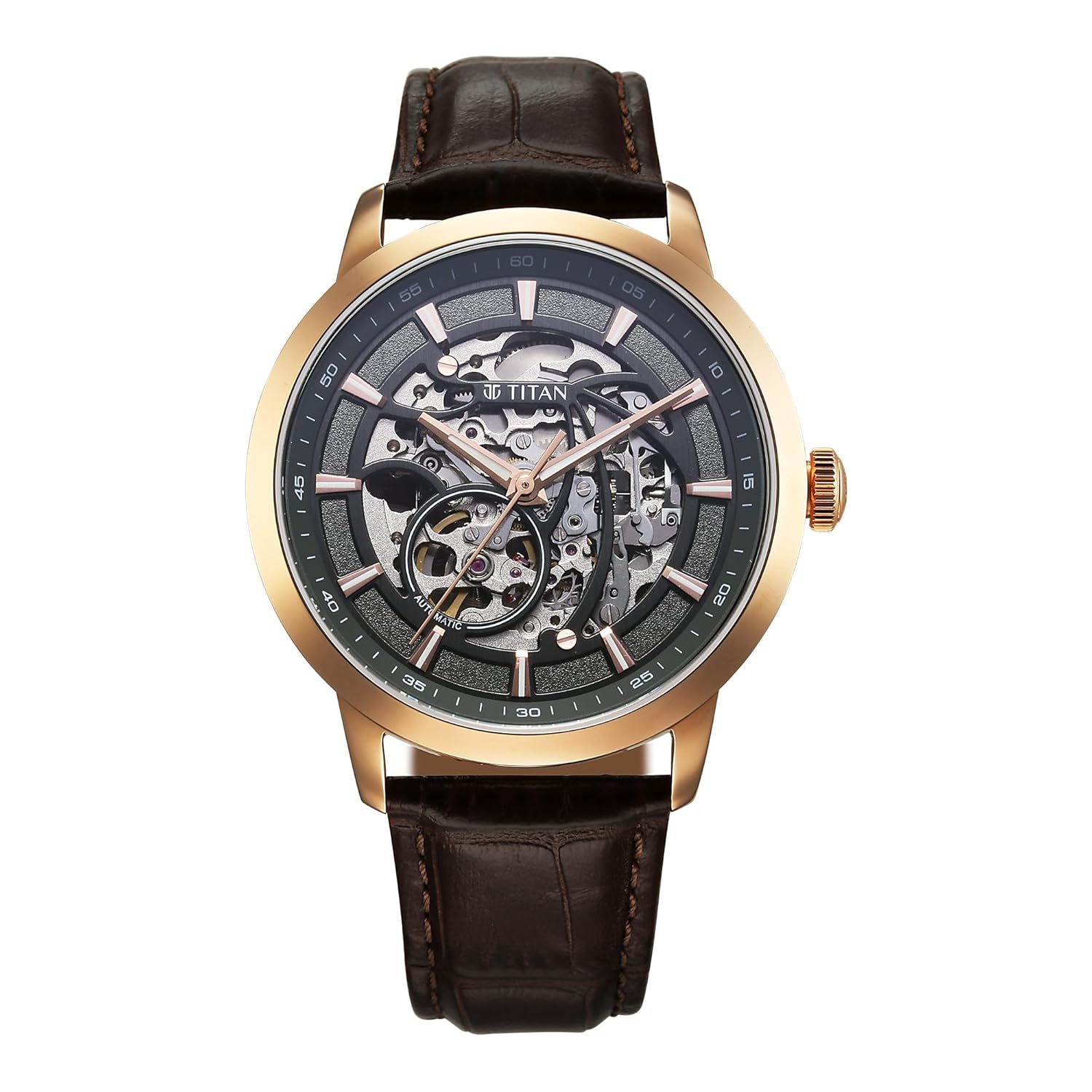Titan Phoenix Skeletal Automatic Analog with Gun Dial Brown Leather Strap Watch for Men