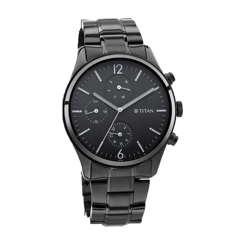 Titan Workwear Quartz Multifunction Black Dial Black Metal Strap Watch for Men – NT1805NM02