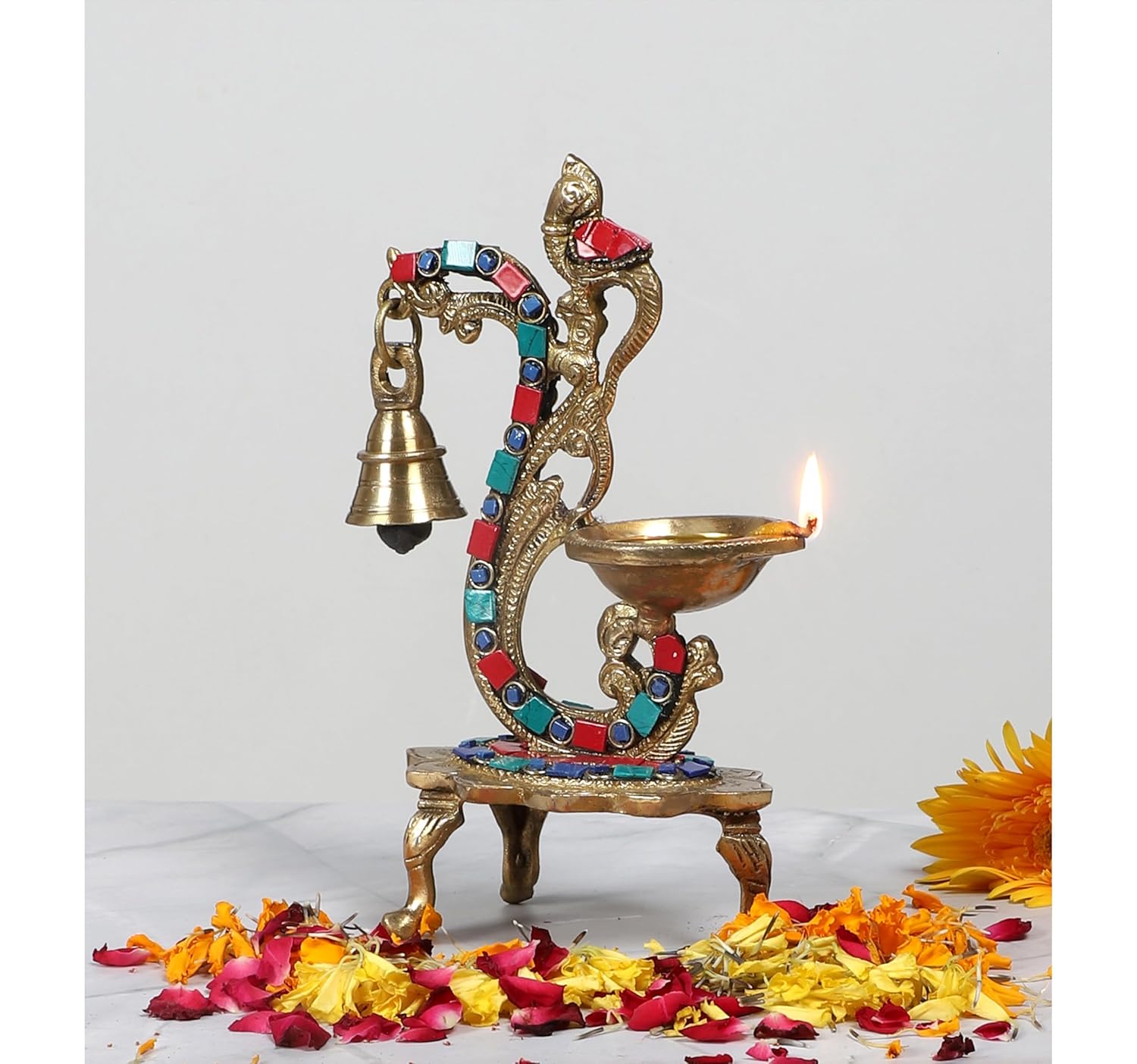 Two Moustaches Gemstone Work Ethnic Carved Peacock Design Brass Diya with Bell, Brass Antique Oil Lamp, Brass Diyas for Home, Size – 8 Inches, Standard, Pack of 1