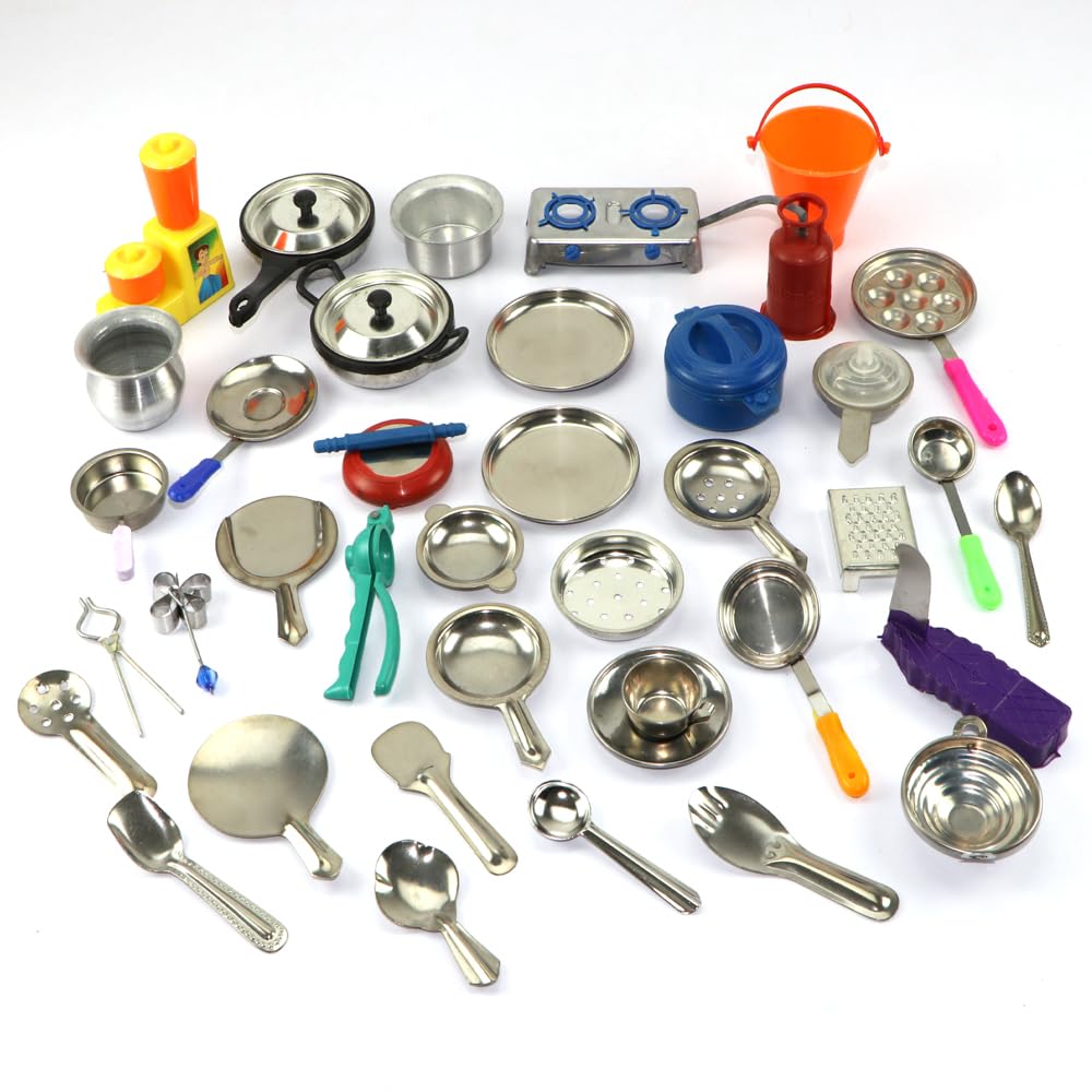 Varnika Stores 38 Pcs Miniature Kitchen Set for Kids Girls – Real Cooking Kit, Steel Choppu Jaman, Play Kitchen (Pack of 38)