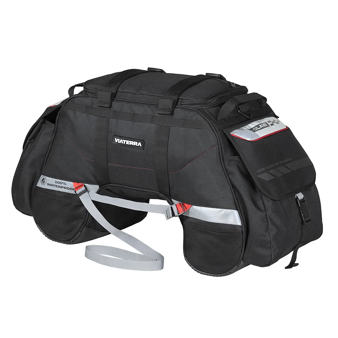 ViaTerra 100% Waterproof Claw Motorcycle Tail Bag (72L, Black) I Roll top Construction with Inner Liner I Free Outer Rain/Dust Cover I Fits Most Bikes
