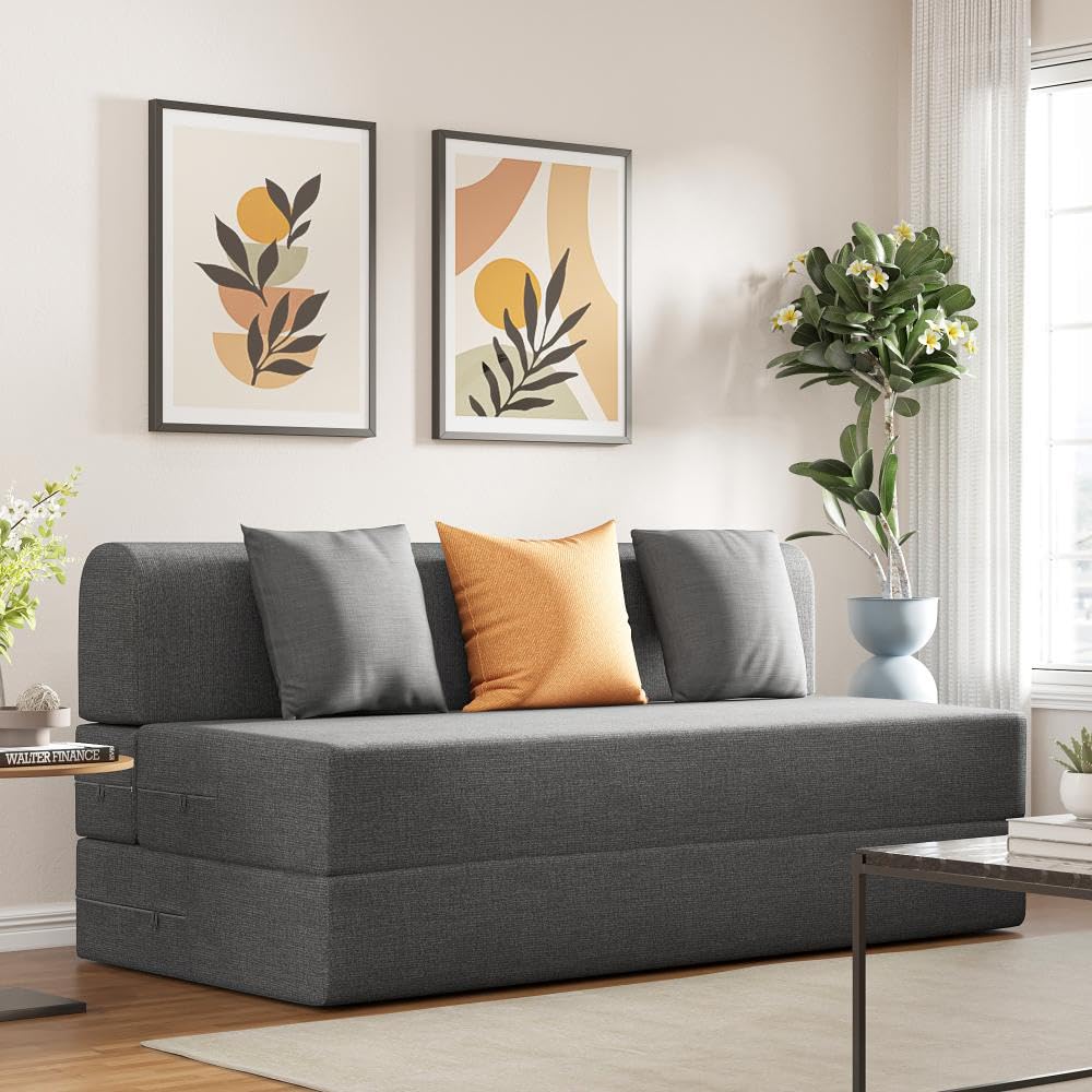 Wakefit Sofa Cum Bed | 1 Year Warranty | Single Seater, Sofa Bed 6 X 4 Feet, Foldable Sofa Cum Bed with 2 Cushion – Flipper (Warpknit: Grey)