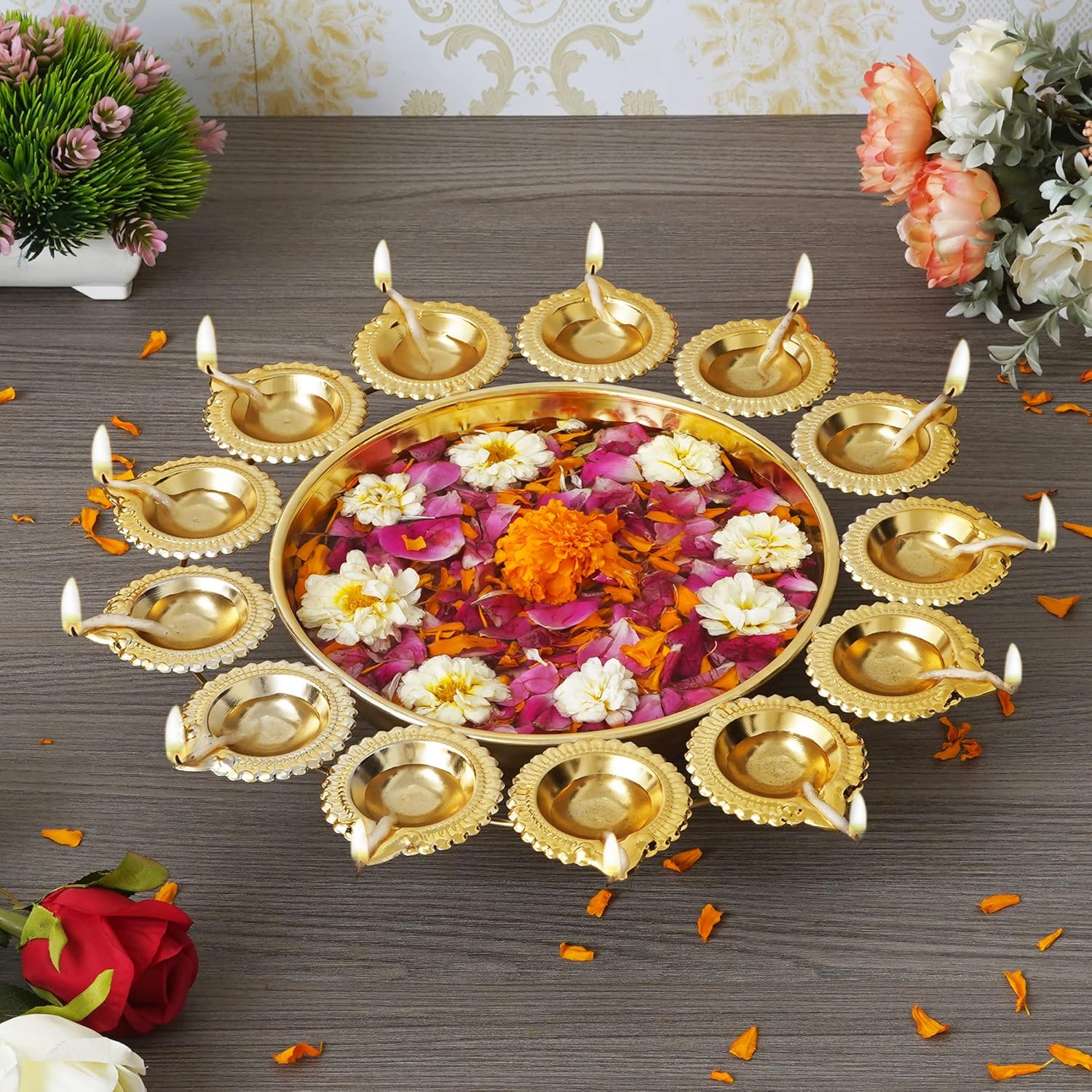 Webelkart Diya Shape Flower Decorative Urli Bowl for Home Handcrafted Bowl for Floating Flowers and Tea Light Candles,Office and Table Decor| Diwali Decoration Items (14 Inches)