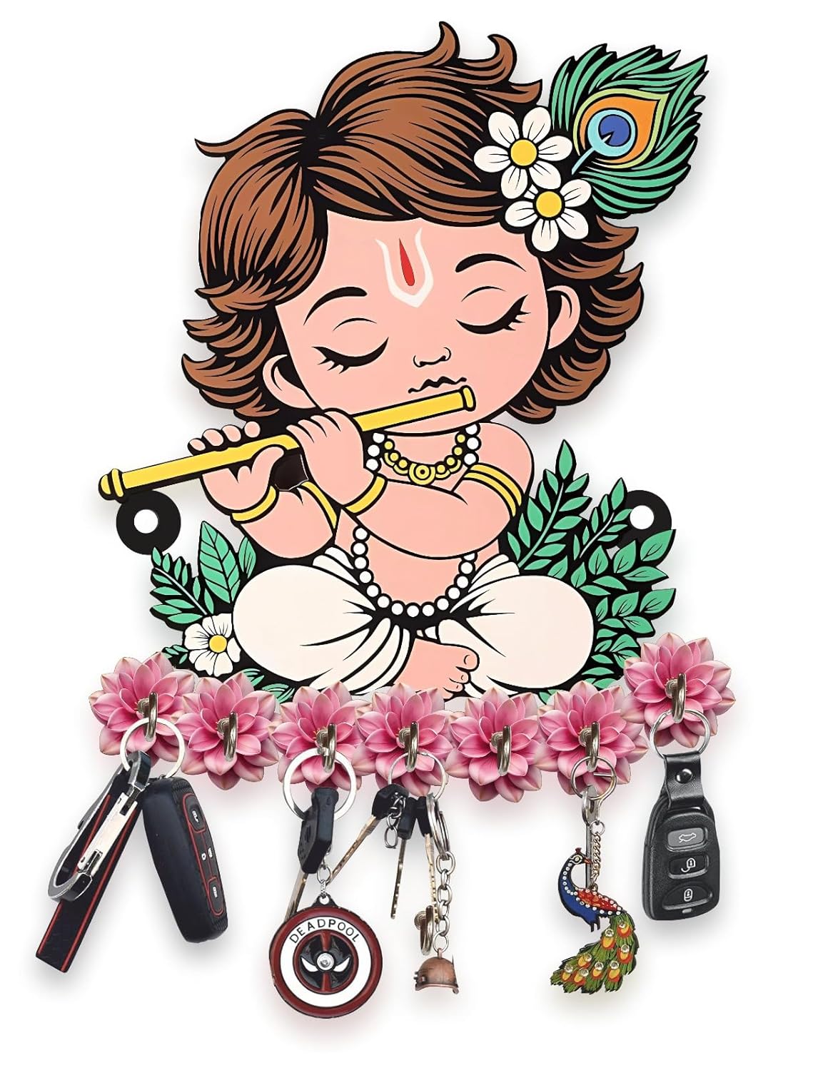 Webelkart Premium Wooden Key Holder for Home/Office Decor/Key Hanger for Wall Decor,Decorative Item for Home (Cute Krishna)