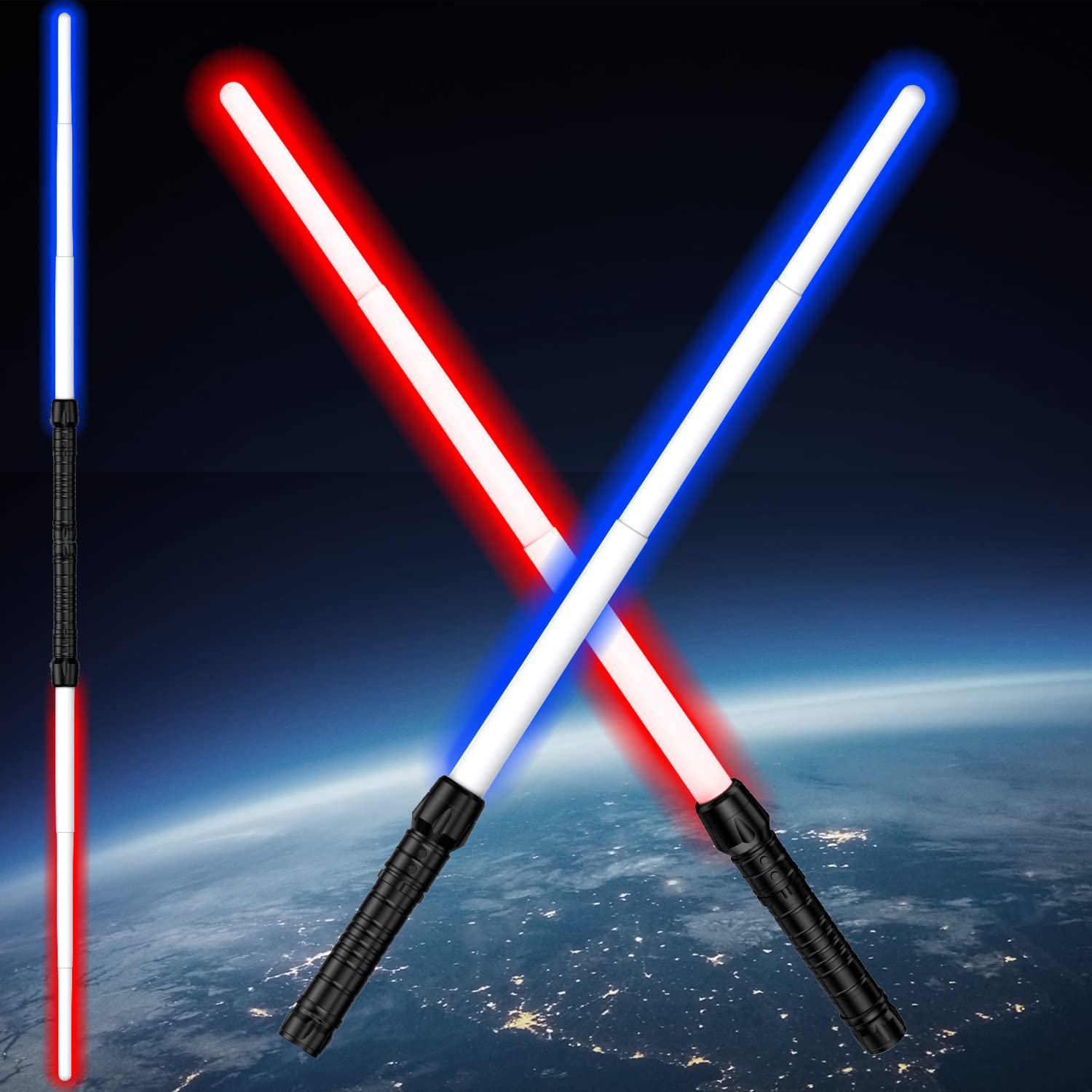Yellora Light Sabers for Kids, Dual Light Swords Set with FX Sound (Motion Sensitive), 2-in-1 Light Up Saber for Halloween Dress Up Parties, Galaxy War Fighters and Warriors, (2 Pack) (Black)