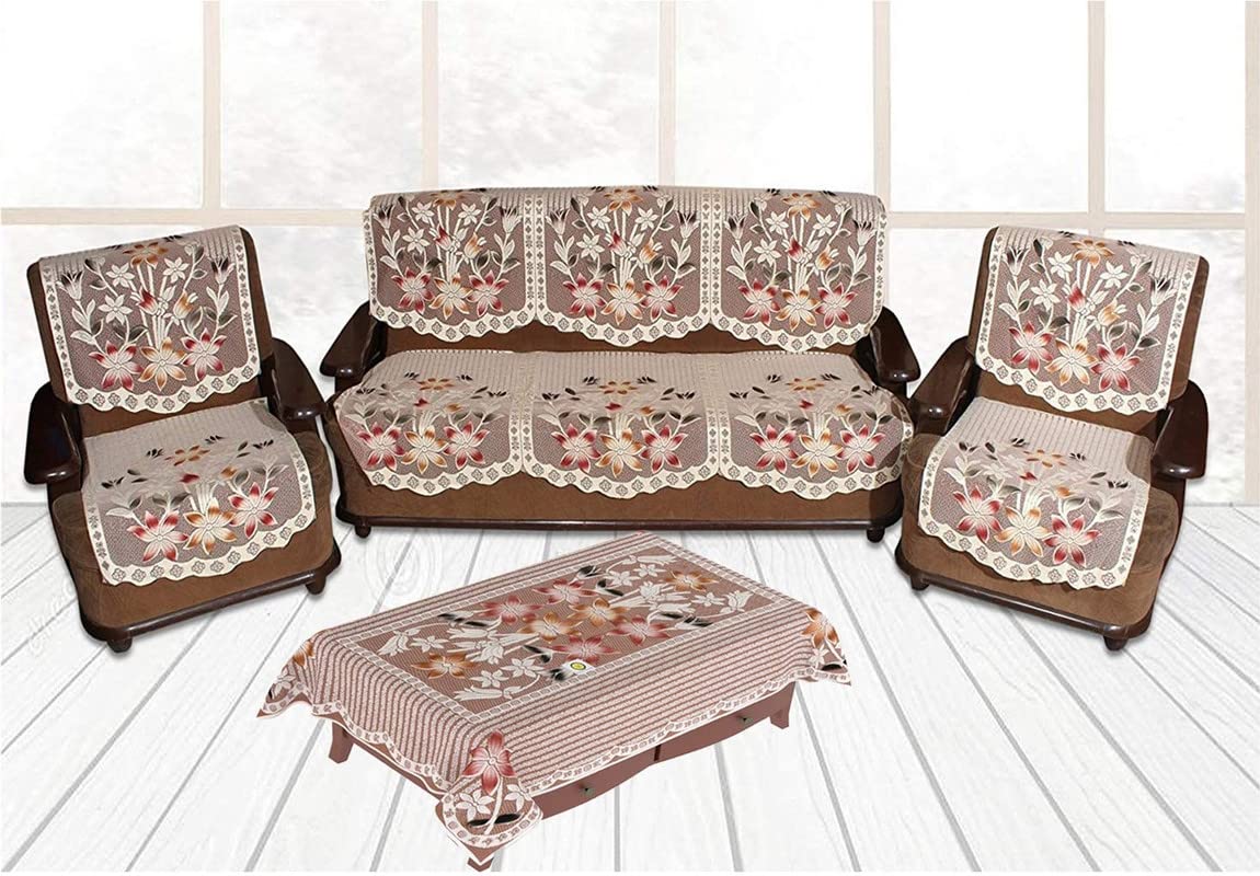 Yellow Weaves Polyester Floral 5 Seater Sofa Cover Set with 1 Center Table Cover (Off White) – 7 Pieces