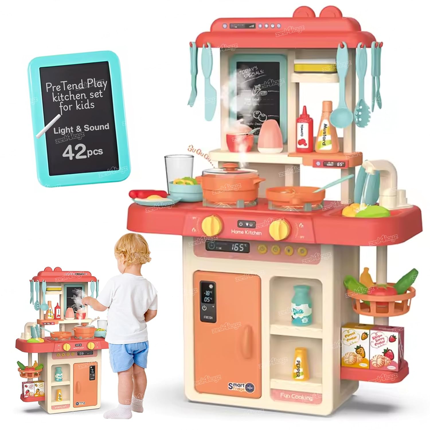 Zest 4 Toyz 42 Pcs Kitchen Toy Set Simulated Spray with Light & Sound Kitchen Pretend Play Set Play Cooking Set- Multi Color for Boys Girls Age 3+