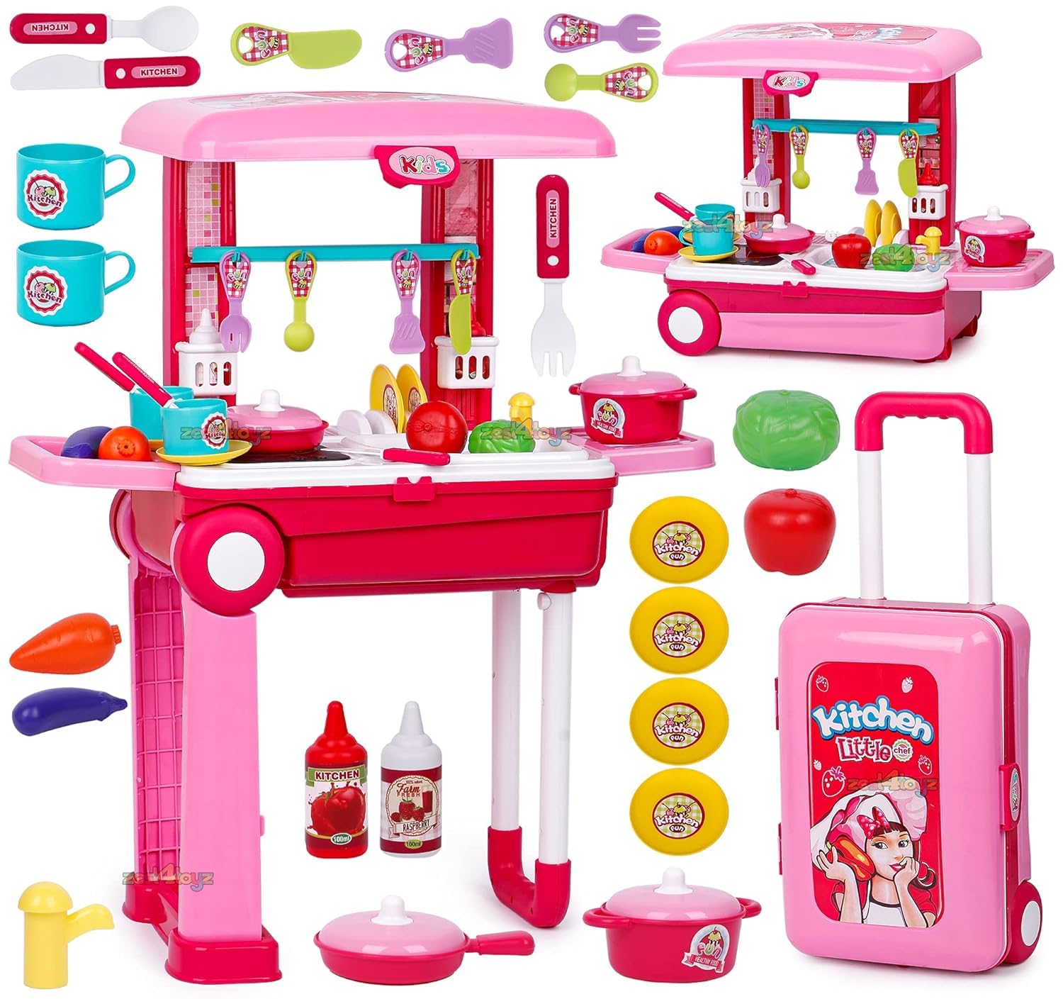 Zest 4 Toyz Acrylonitrile Butadiene Styrene Kitchen Set for Kids Girls Big Cooking Set Light and Sound Portable Trolley Pretend Play Toys Battery Operated (Pink-C)