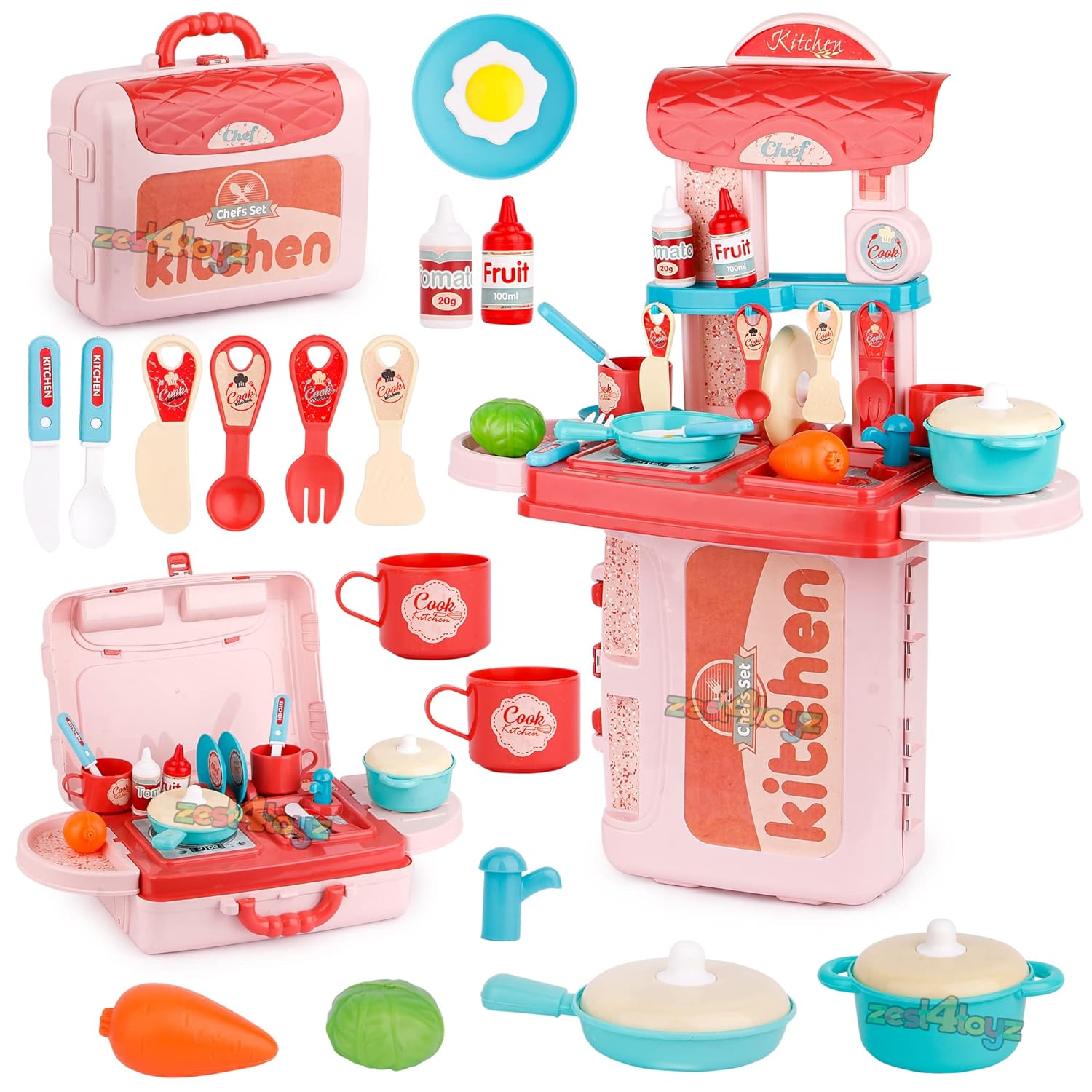 Zest 4 Toyz Plastic Kitchen Set for Kids Girl Pretend to Play 3 in 1 Little Chef’s Portable Suitcase Design 19 Pieces