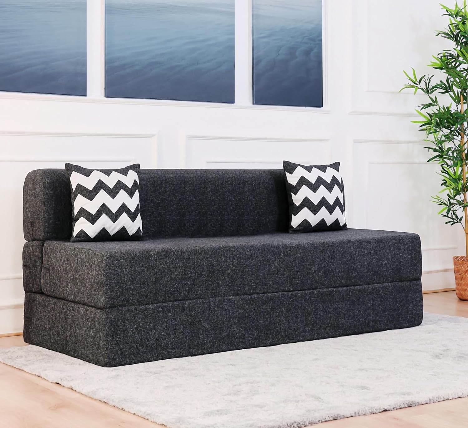 uberlyfe 3 Seater Sofa Cum Bed | 1 Year Warranty | Foldable Sofacum Bed | 15″ Sofa Height| 2 Cushions Zigzag Pattern |Jute Finish Fabric, Dark Grey | 6′ X 6′ Feet