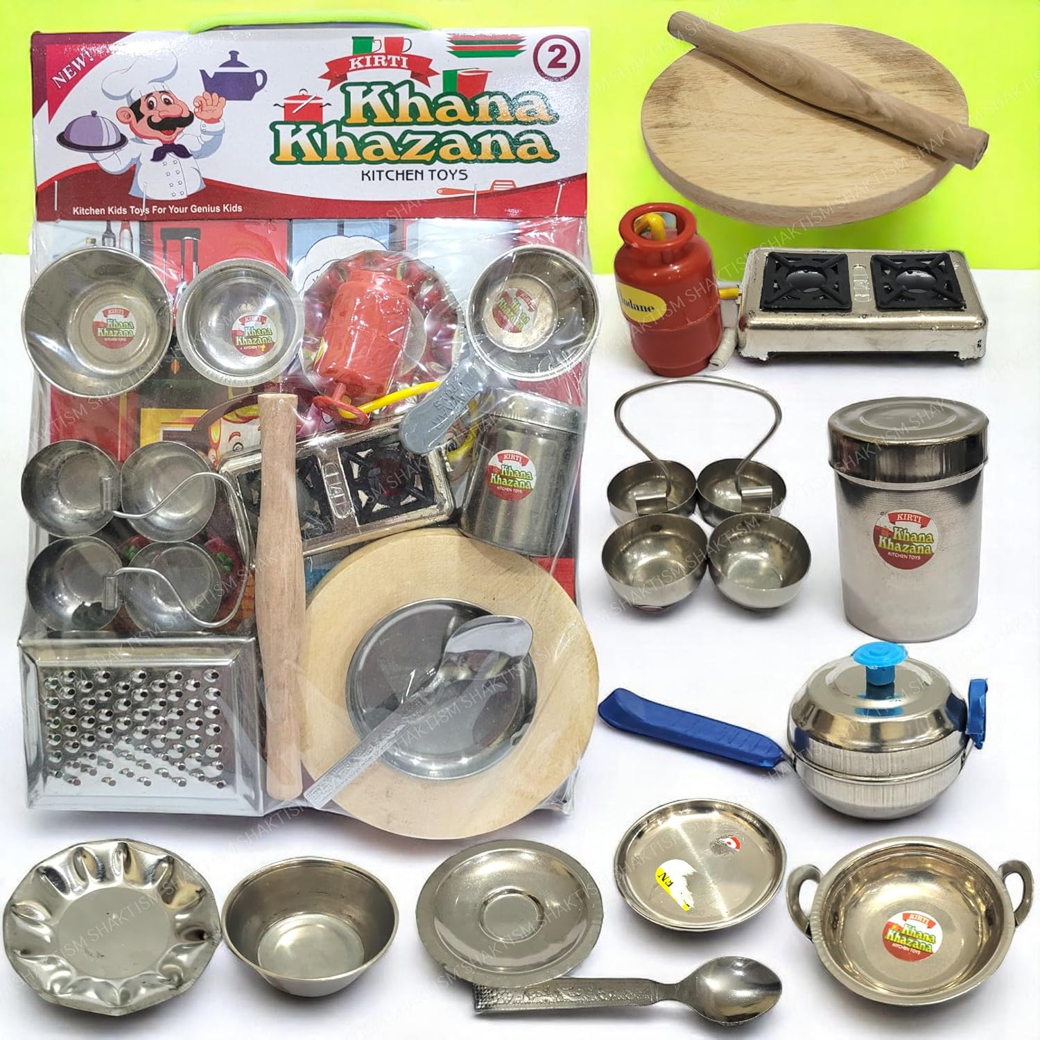 SHAKTISM Steel Kitchen Set Toys for Kids, Role Playing Kitchen Set of Stainless Steel with Wooden Chakla Belan Set, Master Chef Role Playing Kitchen Set Master Chef for Kids (Kitchen Set No – 02)