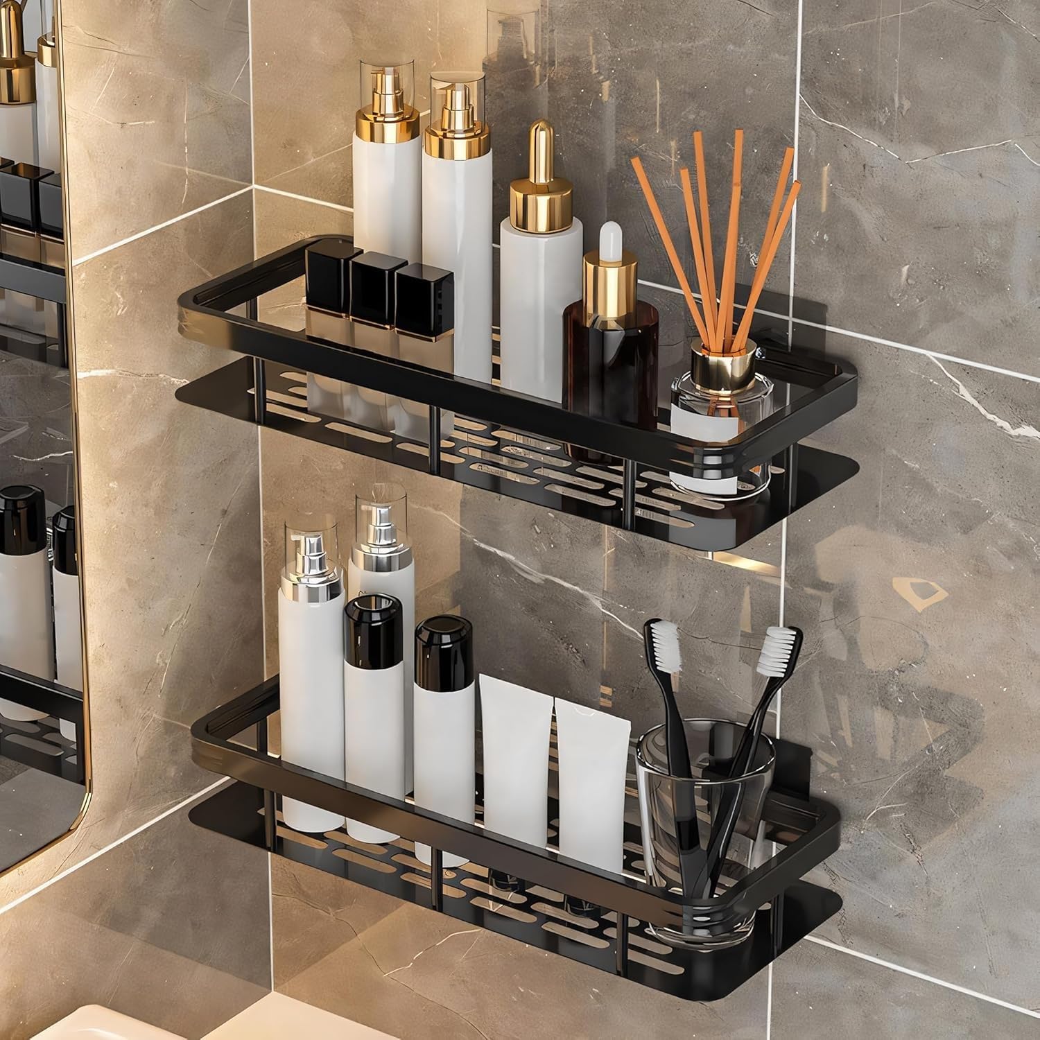 2-Pack Aluminum Wall Mounted Bathroom Shelf Organizer – Self Adhesive, No Drill, Floating Storage Rack for Bathroom, Kitchen & Cabinet – Large Capacity, Rustproof, Lightweight (Black Aluminum Shelves)