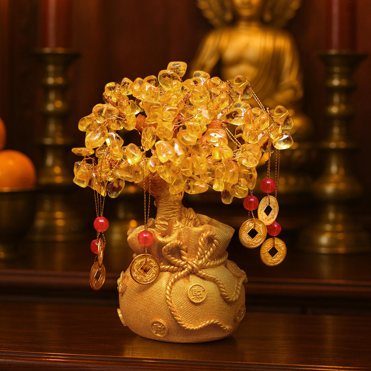 ABOUT SPACE Lucky Feng Shui Citrine Tree of Life Bonsai – Gold Crystal Ornaments with 6 Hanging Coin Charms for Health, Wealth and Happiness – Table Decor, Living Room, Office (7 x 3 inch)