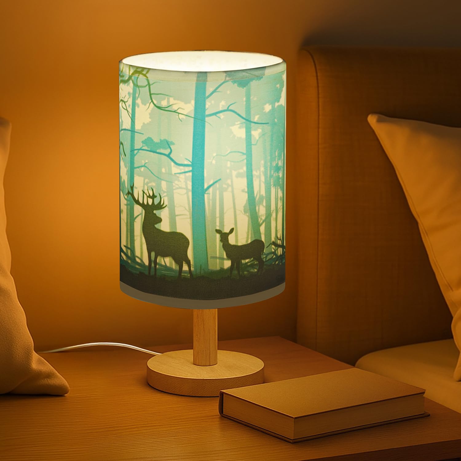 ABOUT SPACE Night Lamp – Deer Themed Bedside Reading Lamp with Wooden Base for Night, Bed Room, Living Room, Home & Decor- Cylindrical Lamp Shades for Living Room with Light (Bulb Included)