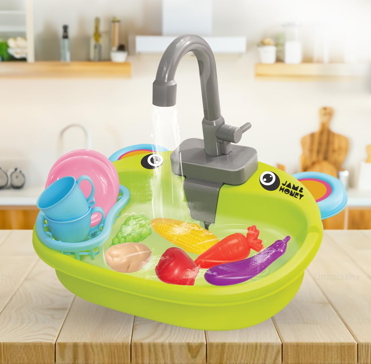 Amazon Brand – Jam & Honey Kids Kitchen Set for Girls I Pretend Play Toy Set for Girls I Electronic Wash Basin Sink I Utensils and Water Pump (Green)