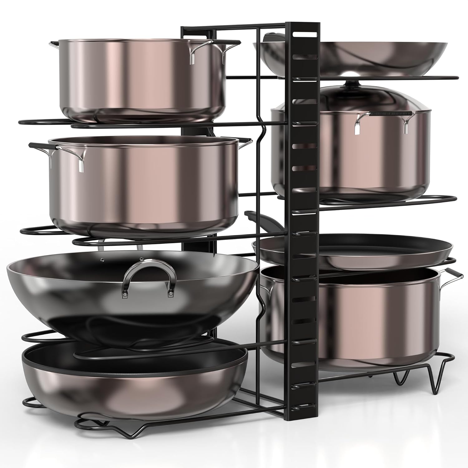 Amazon Brand – Umi 3 DIY Methods Iron Metal Portable Pot Pan Rack Organizer 8 Pots Holder, 4-tiers Each side, Cabinet Pantry Pot Pan Lid Holder (Black)