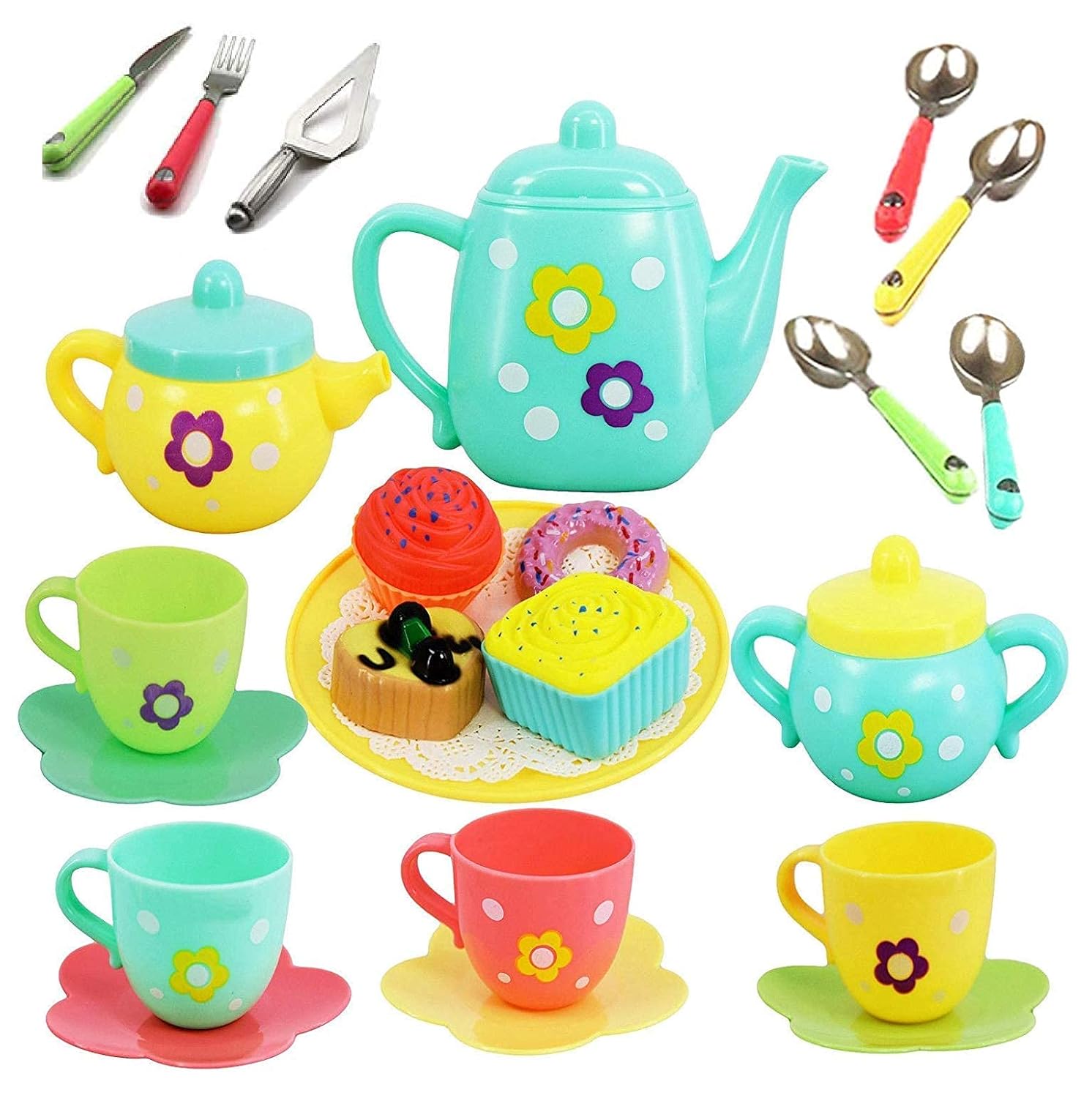 Amitasha Plastic Tea Party Pretend Play Kitchen Utensils Toy Set with Cake Donuts for Kids, Birthday Gift for Girls Plastic Kitchen Set, Tea Cup Set for Girl
