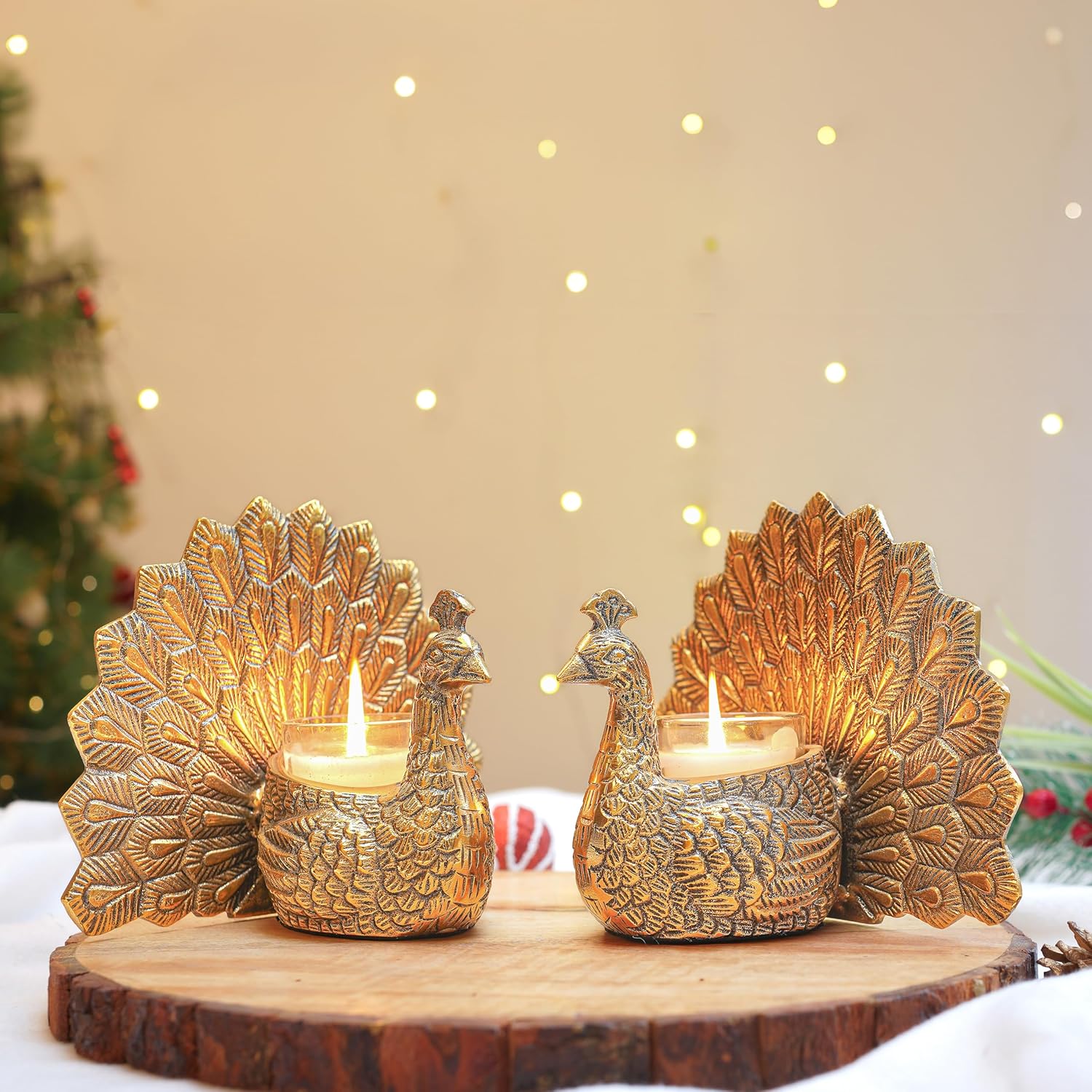 BEHOMA Aluminium Dancing Peacock Pair Figurine for Good Luck and Love | Candle Holder for Home Dcor Tabletop Living Showpiece for Valentine’s Day, Birthday(Scented Glass Votive Candle Included), Gold