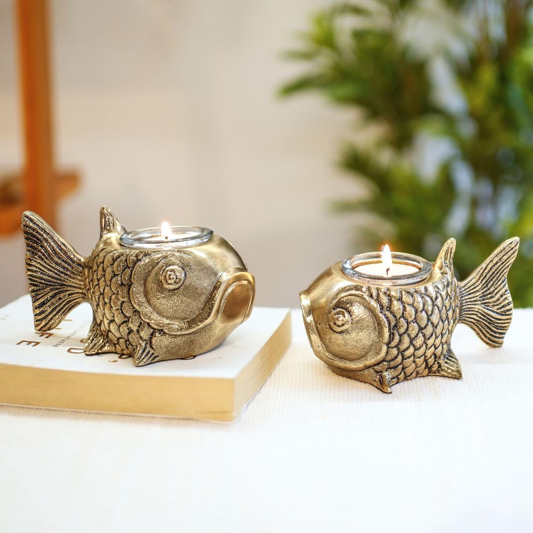 BEHOMA Metal Fish Aluminum Figurine with Votive Good Luck and Success | Candle Holder for Home Decor Tabletop Living Room | Showpiece for Valentine’s Day, Birthday, Gold