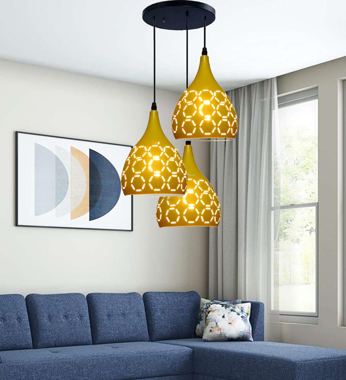 BrightLyt Hanging Light for Living Room, Pendant Lamp for Hall Ceiling, Chandelier Light for Home Decoration, (3 Lights Round Cluster, Aluminum, Lemon) (HL 2)
